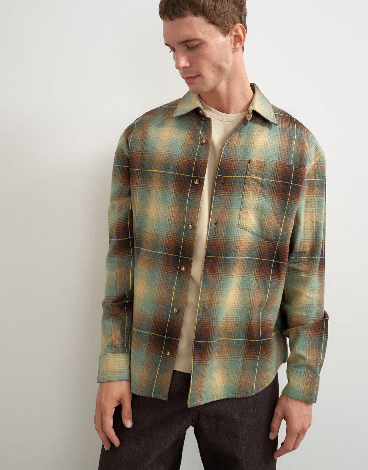 Topman relaxed fit brushed cotton check overshirt in brown and yellow