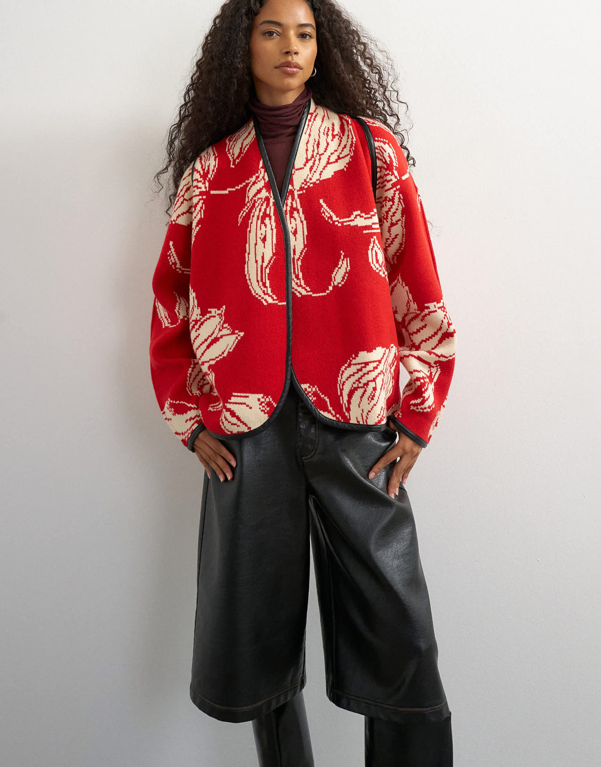 Topshop knitted kimono PU trim jacket in red and ivory