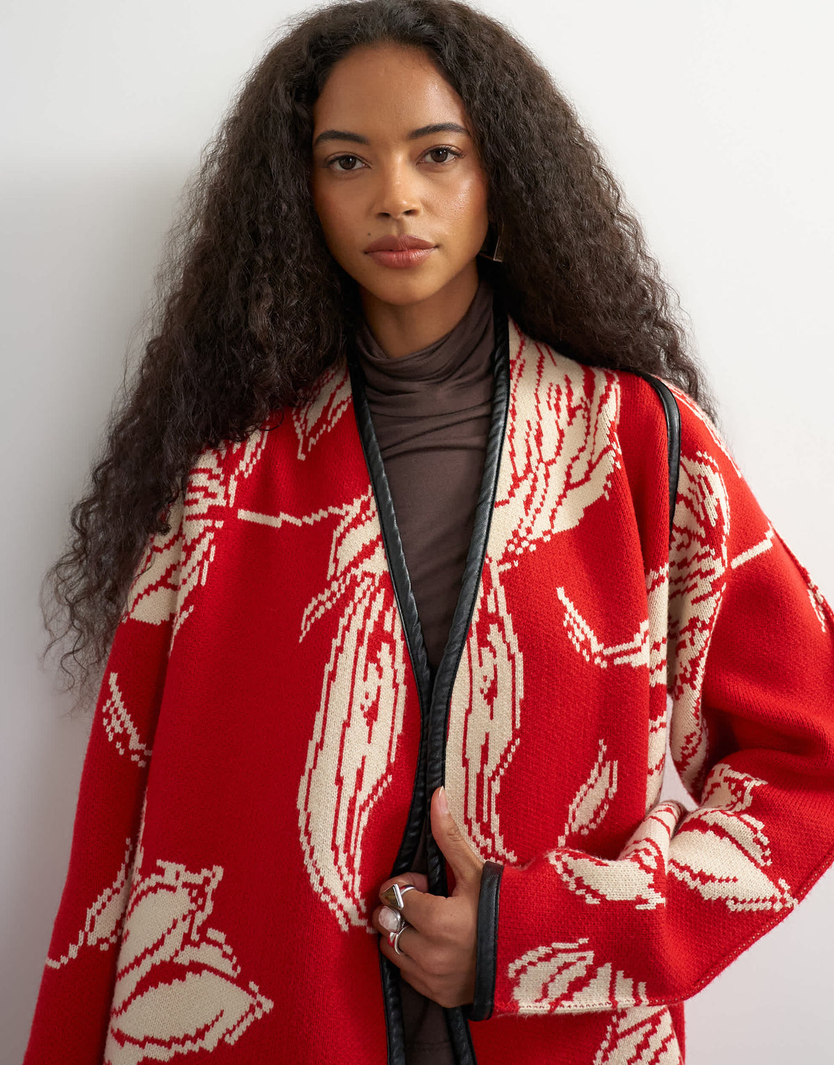 Topshop knitted kimono PU trim jacket in red and ivory