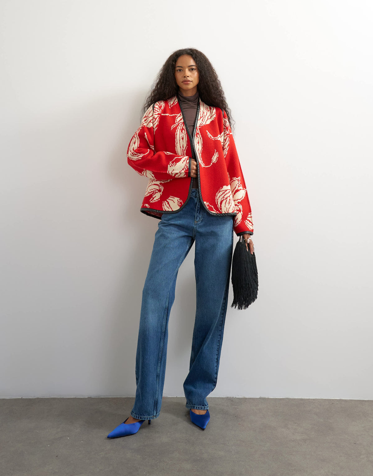 Topshop knitted kimono PU trim jacket in red and ivory