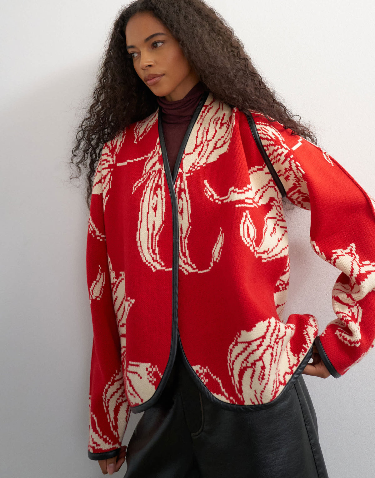 Topshop knitted kimono PU trim jacket in red and ivory