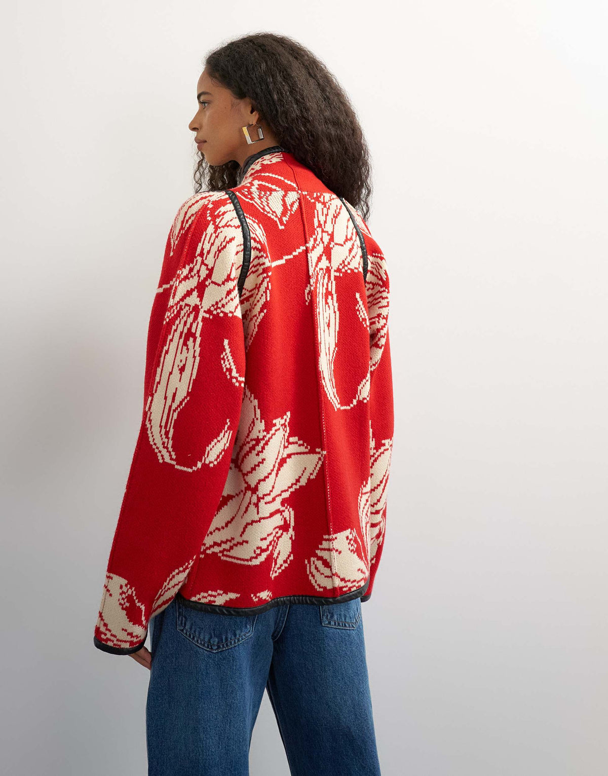 Topshop knitted kimono PU trim jacket in red and ivory