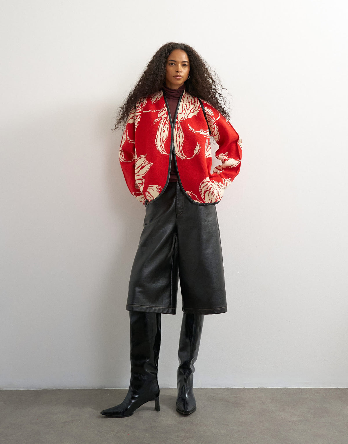Topshop knitted kimono PU trim jacket in red and ivory