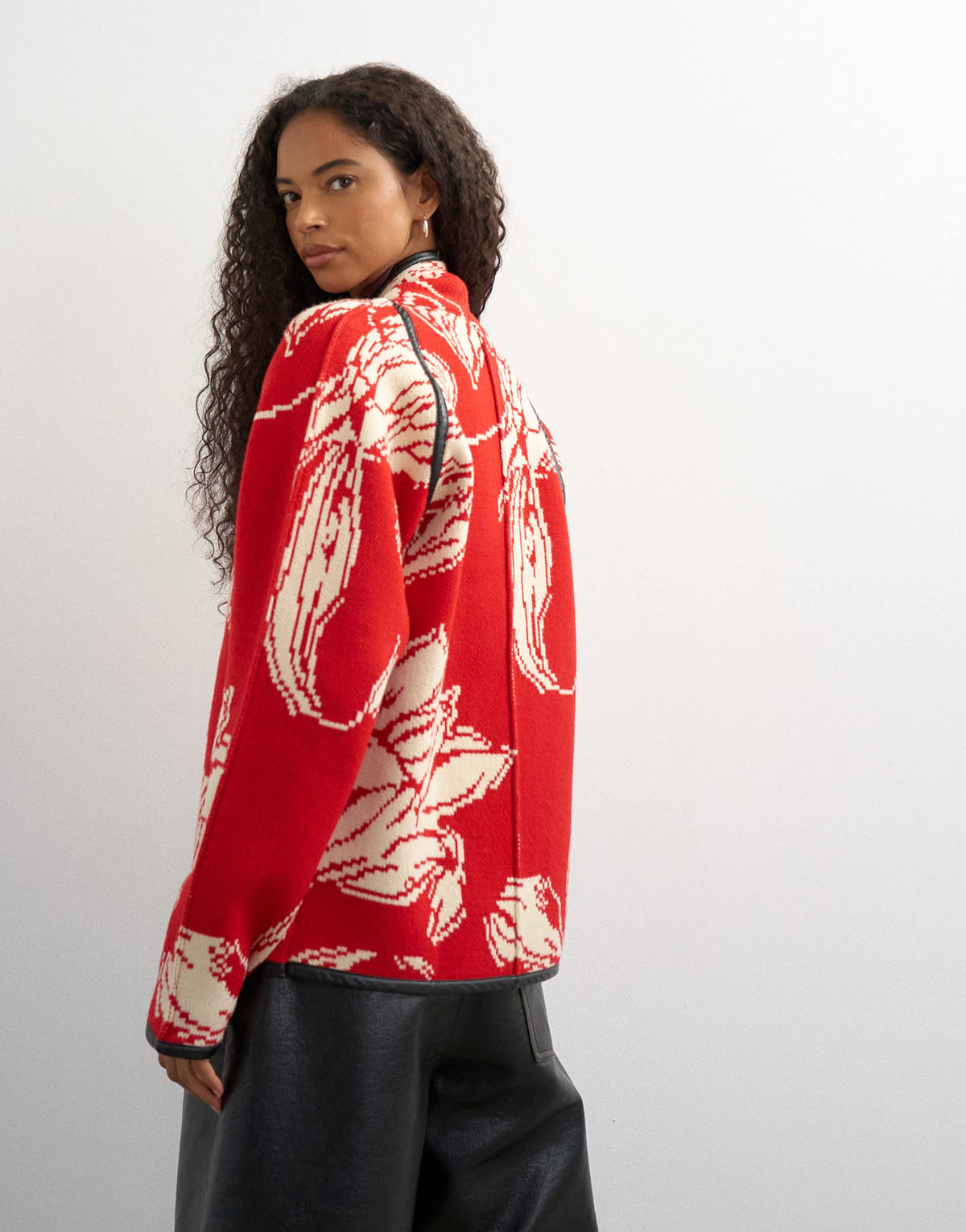 Topshop knitted kimono PU trim jacket in red and ivory