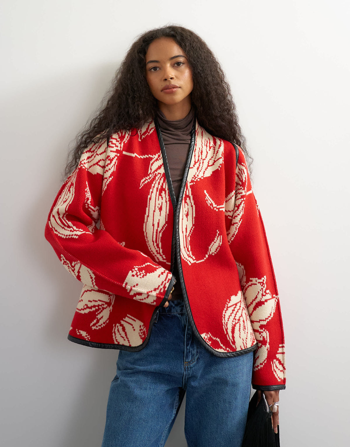 Topshop knitted kimono PU trim jacket in red and ivory