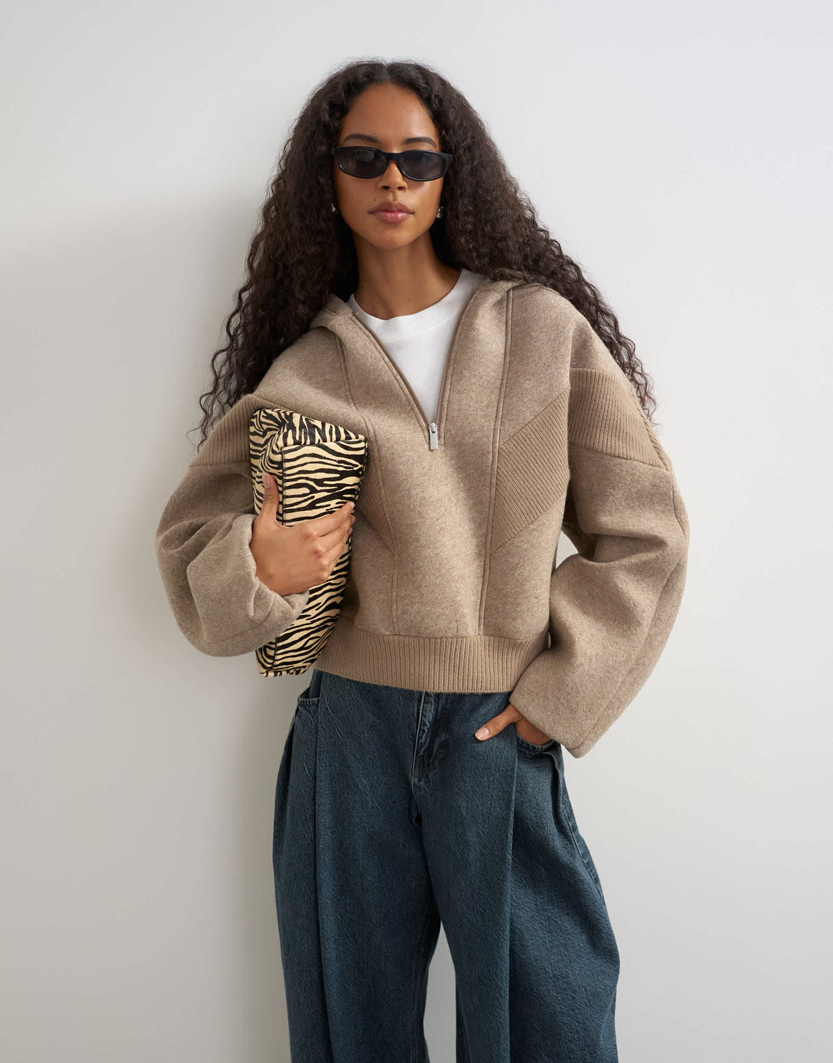 Topshop borg panelled zip up hoodie in oat