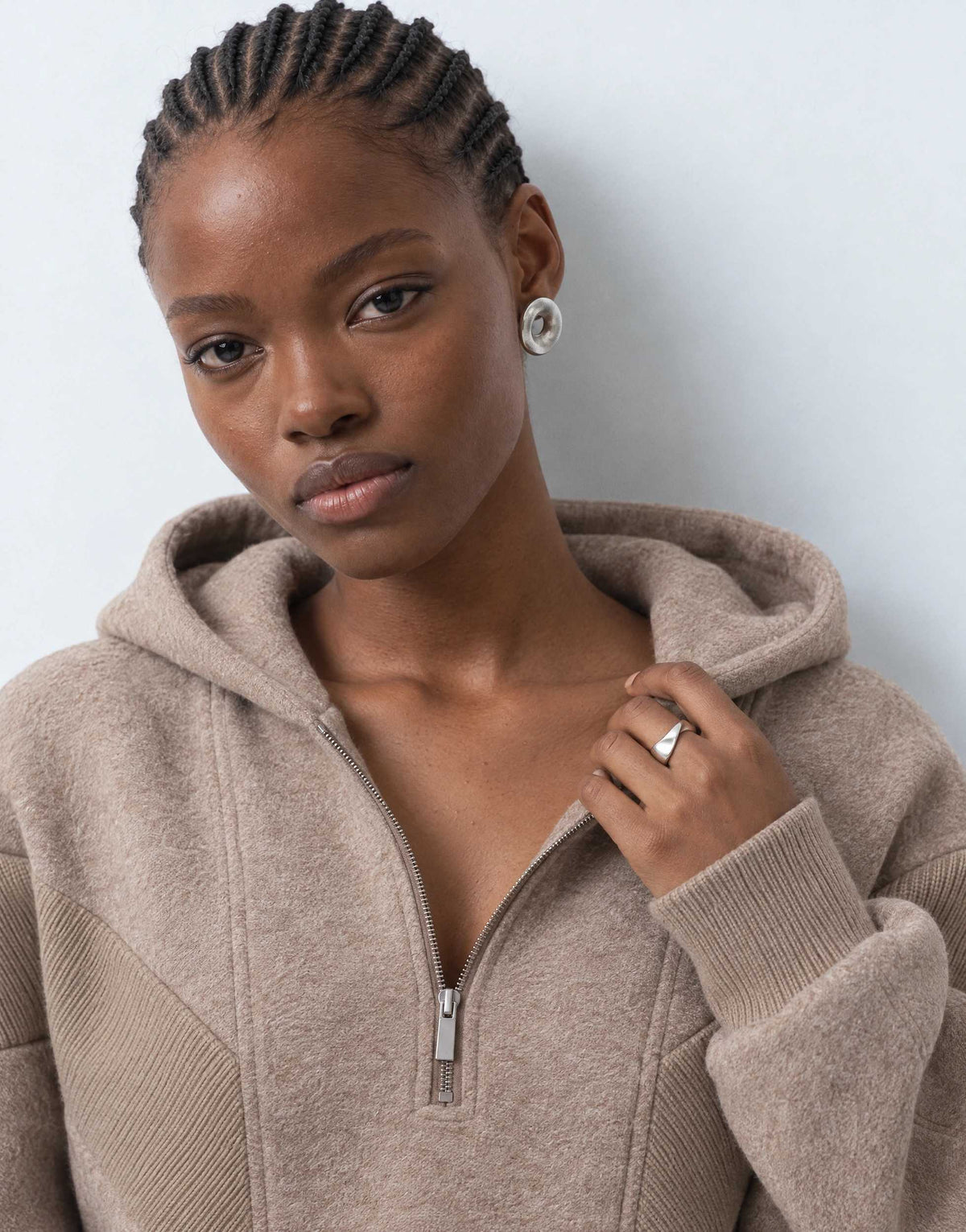 Topshop borg panelled zip up hoodie in oat