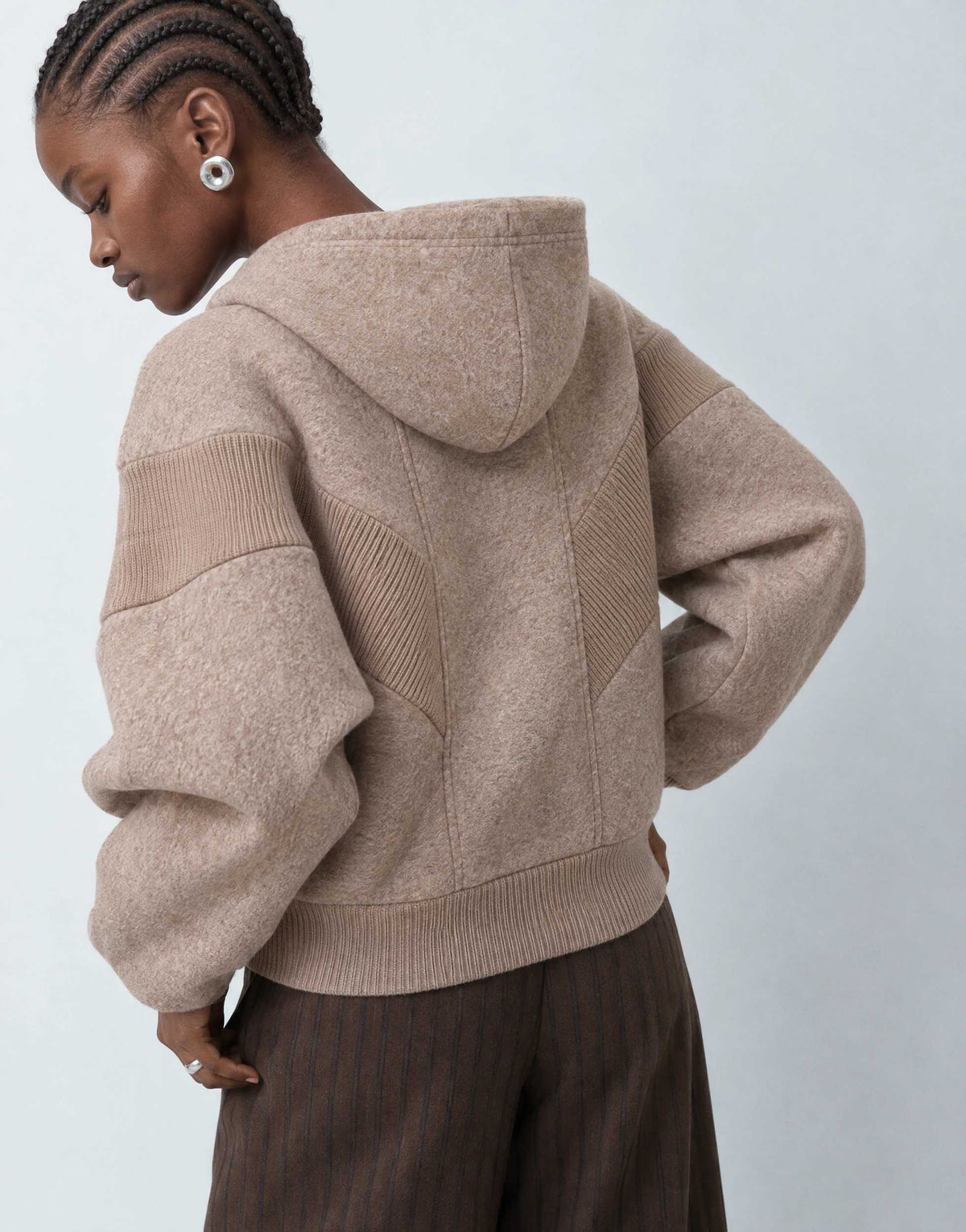 Topshop borg panelled zip up hoodie in oat