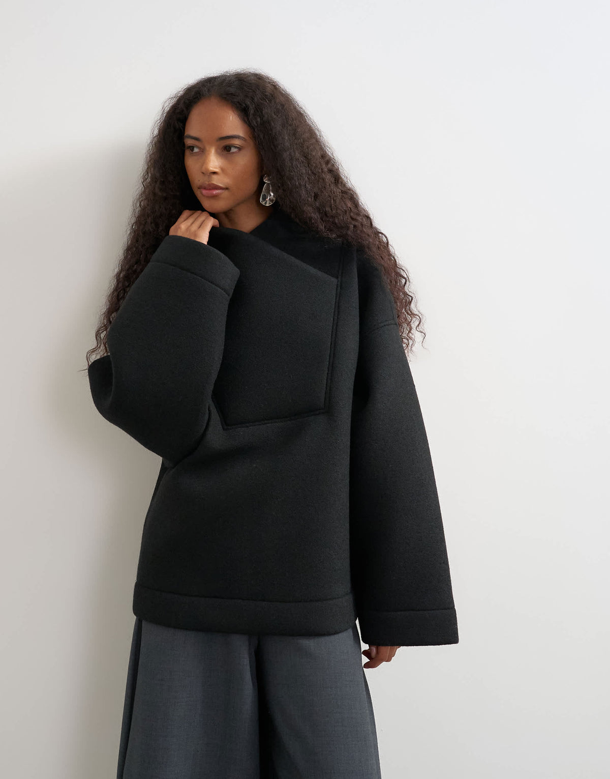 Topshop borg wrap neck sweat in black