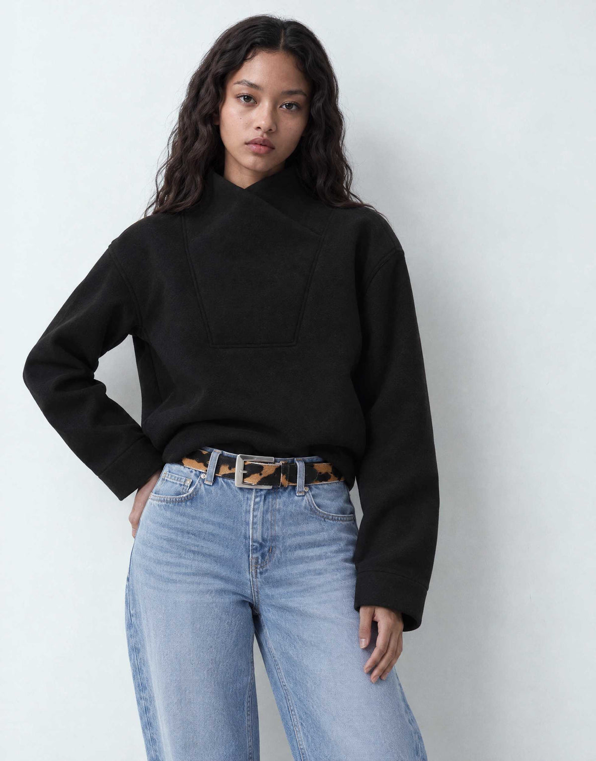 Topshop borg wrap neck sweat in black