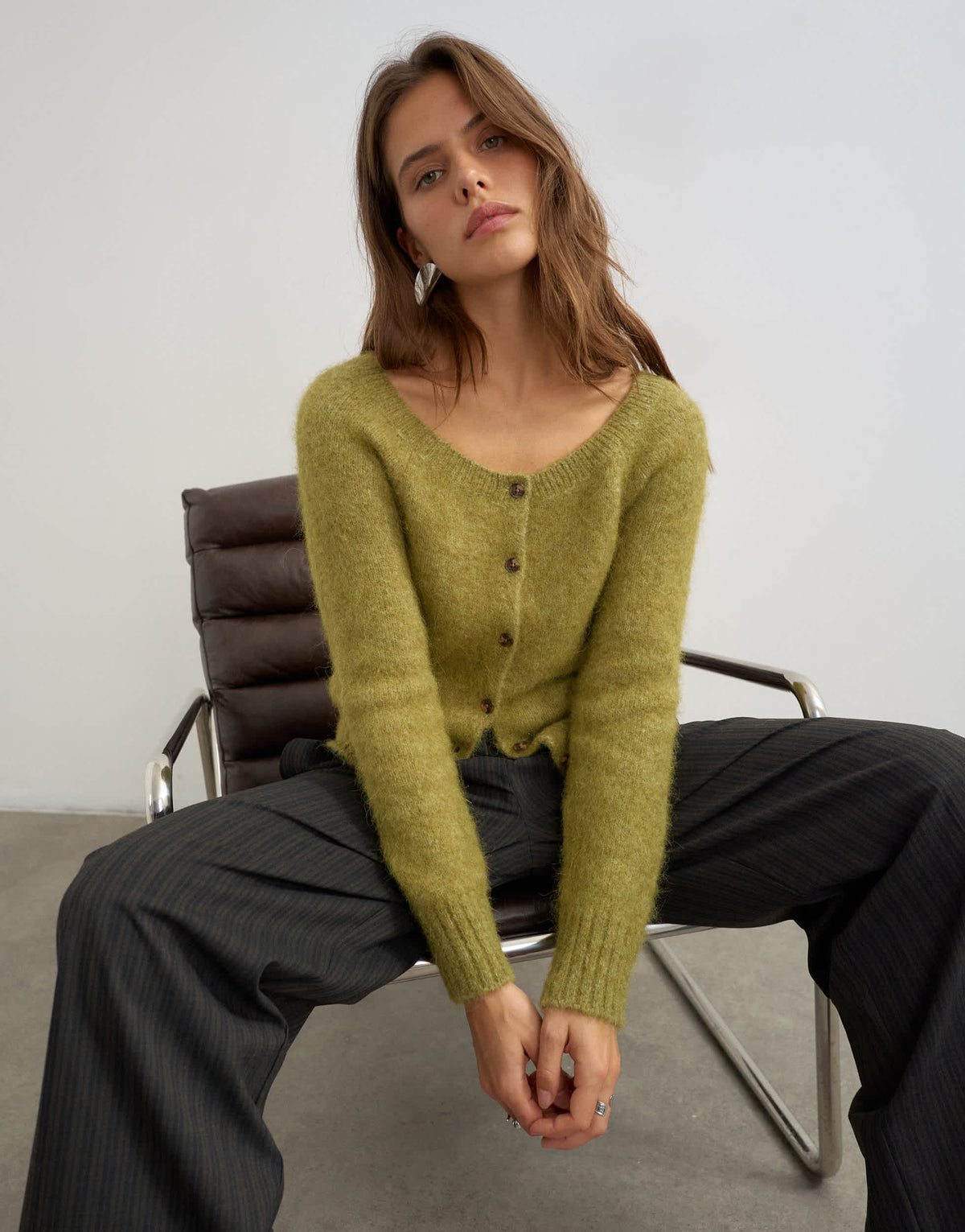 Topshop knitted premium rich alpaca wide neck short cardigan in green