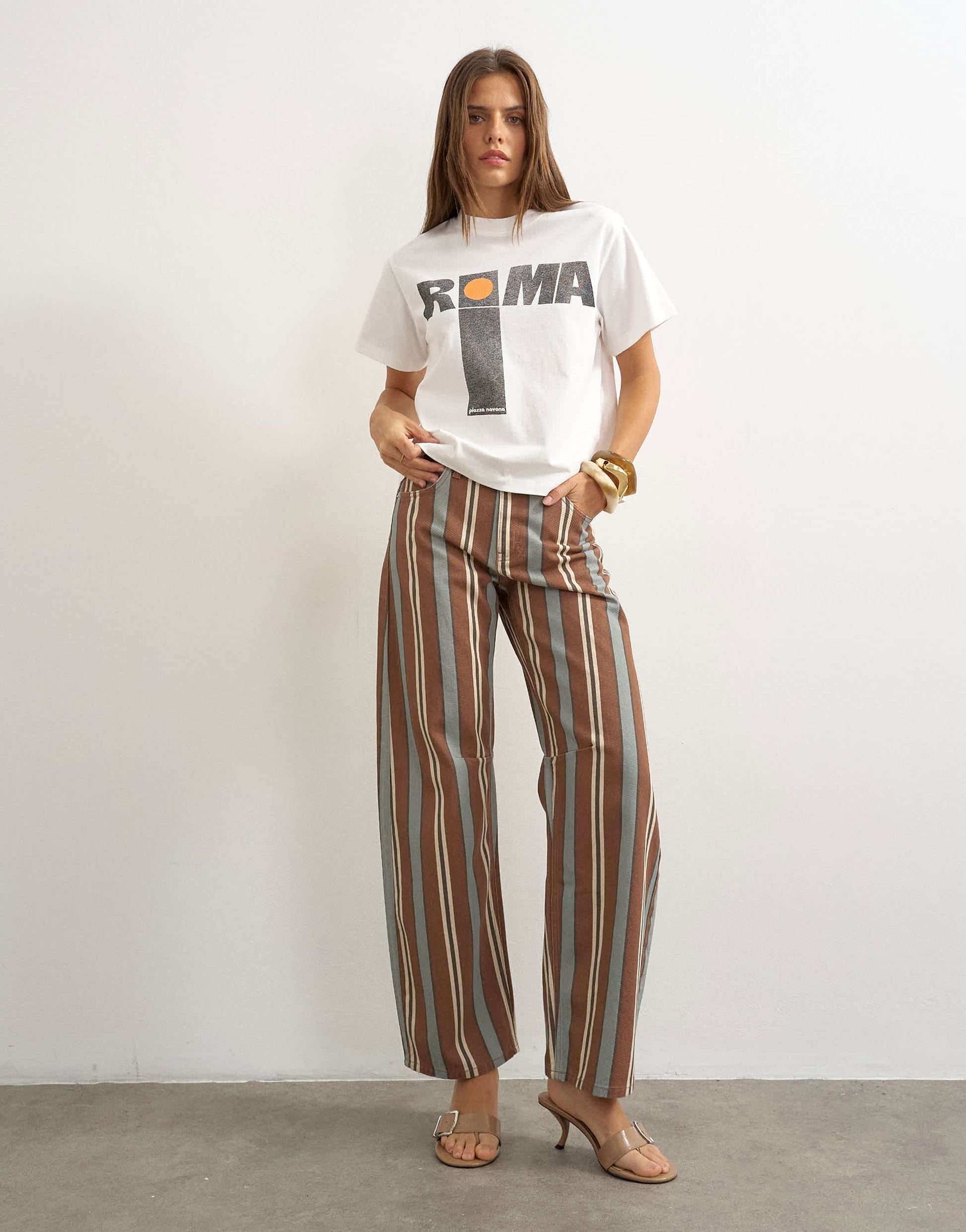 Topshop Barrel mid rise jean in brown and blue stripe