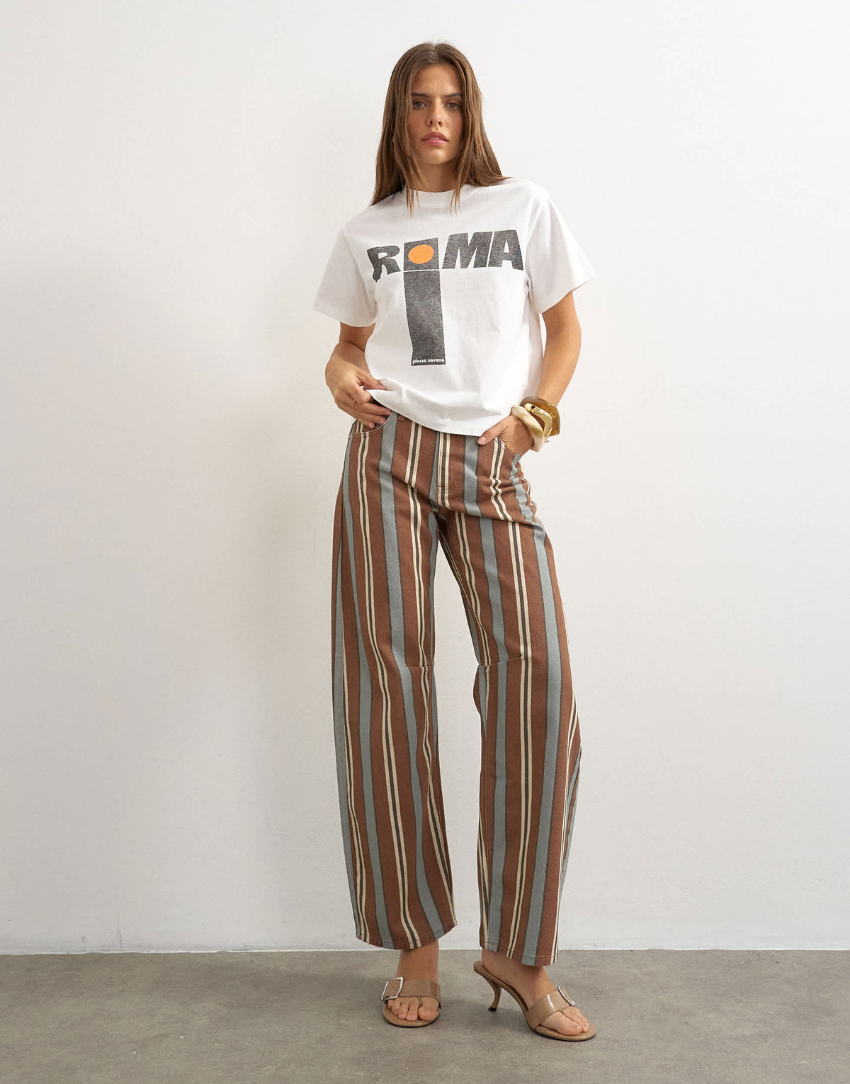 Topshop Barrel mid rise jean in brown and blue stripe