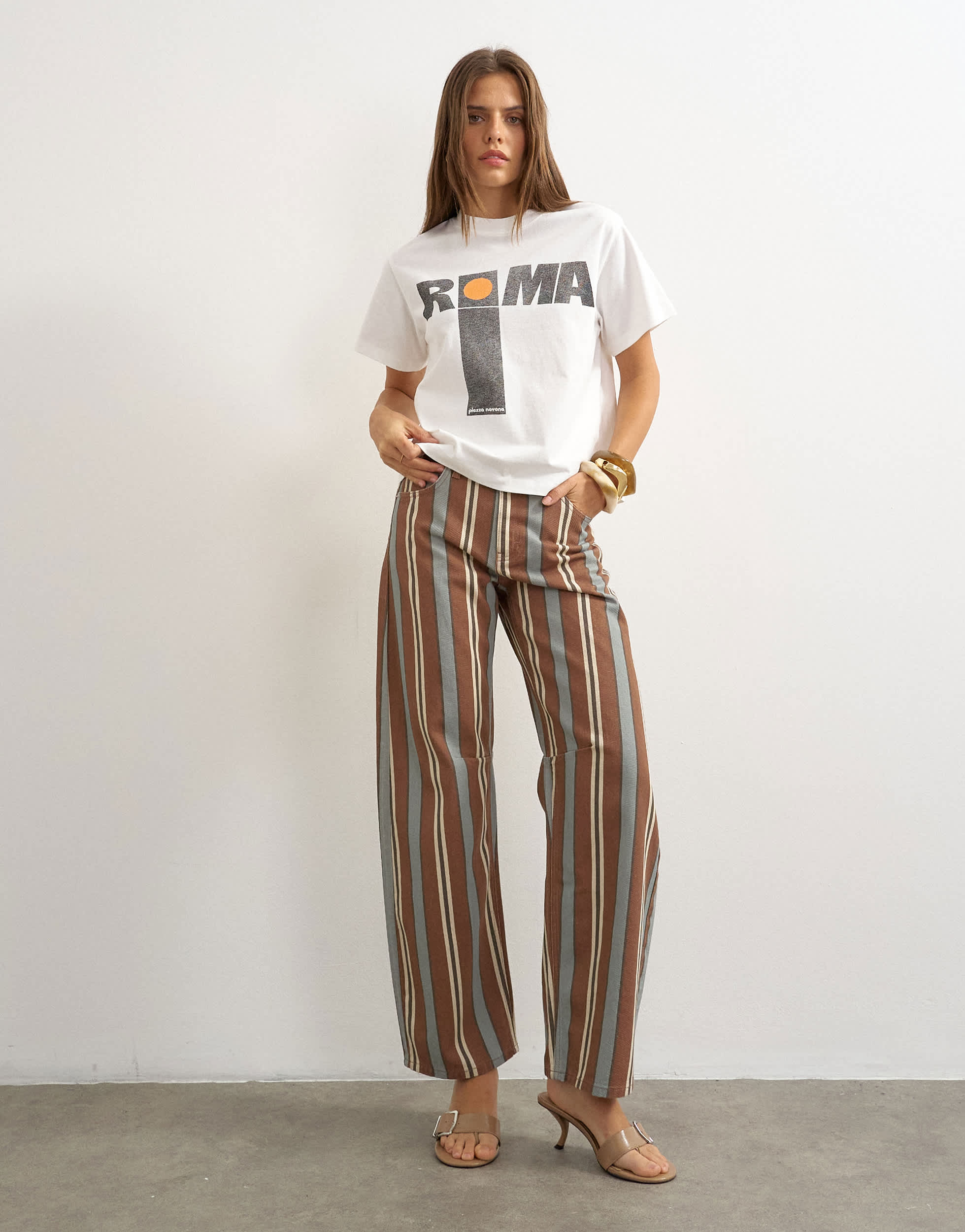 Topshop Barrel mid rise jean in brown and blue stripe