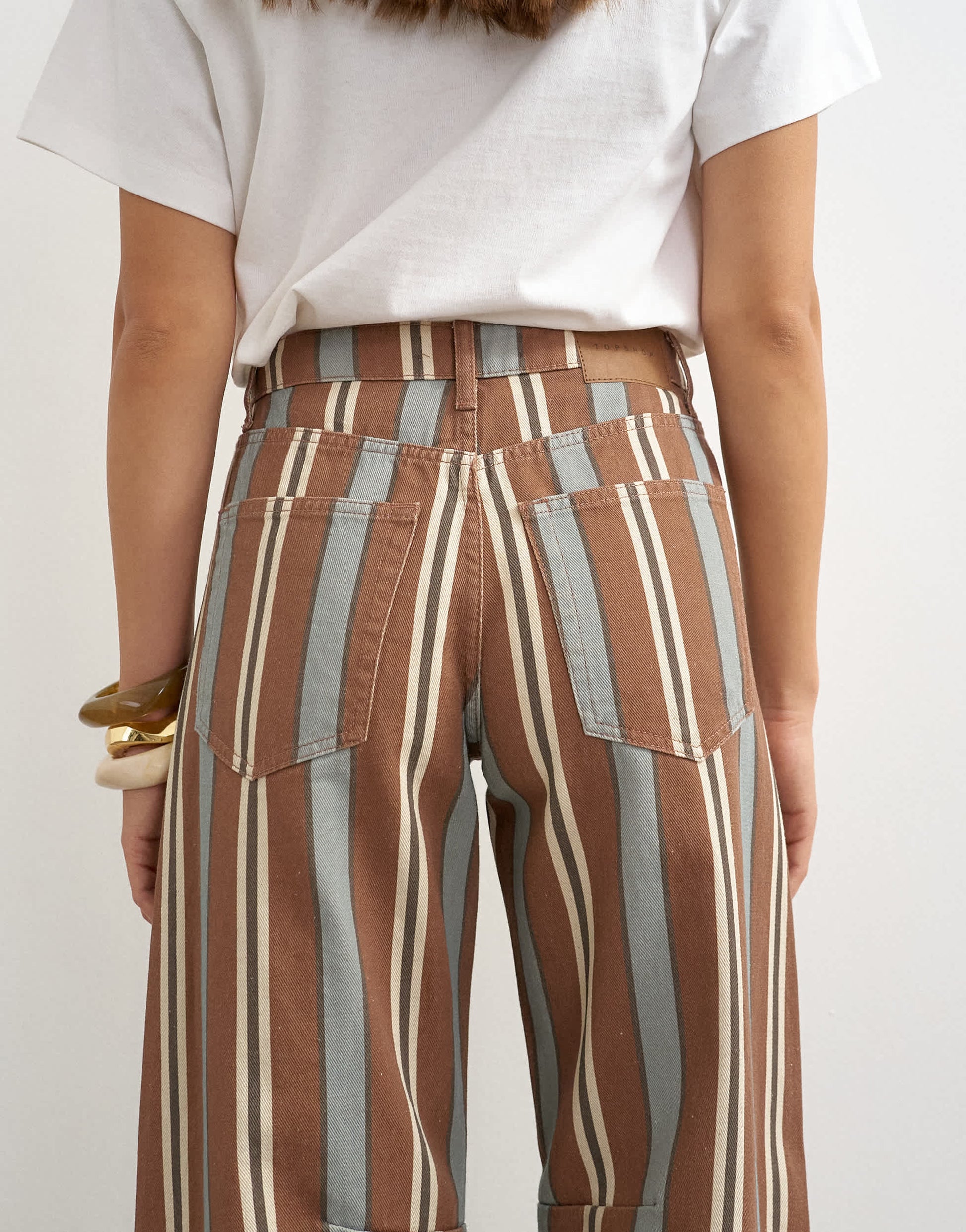 Topshop Barrel mid rise jean in brown and blue stripe