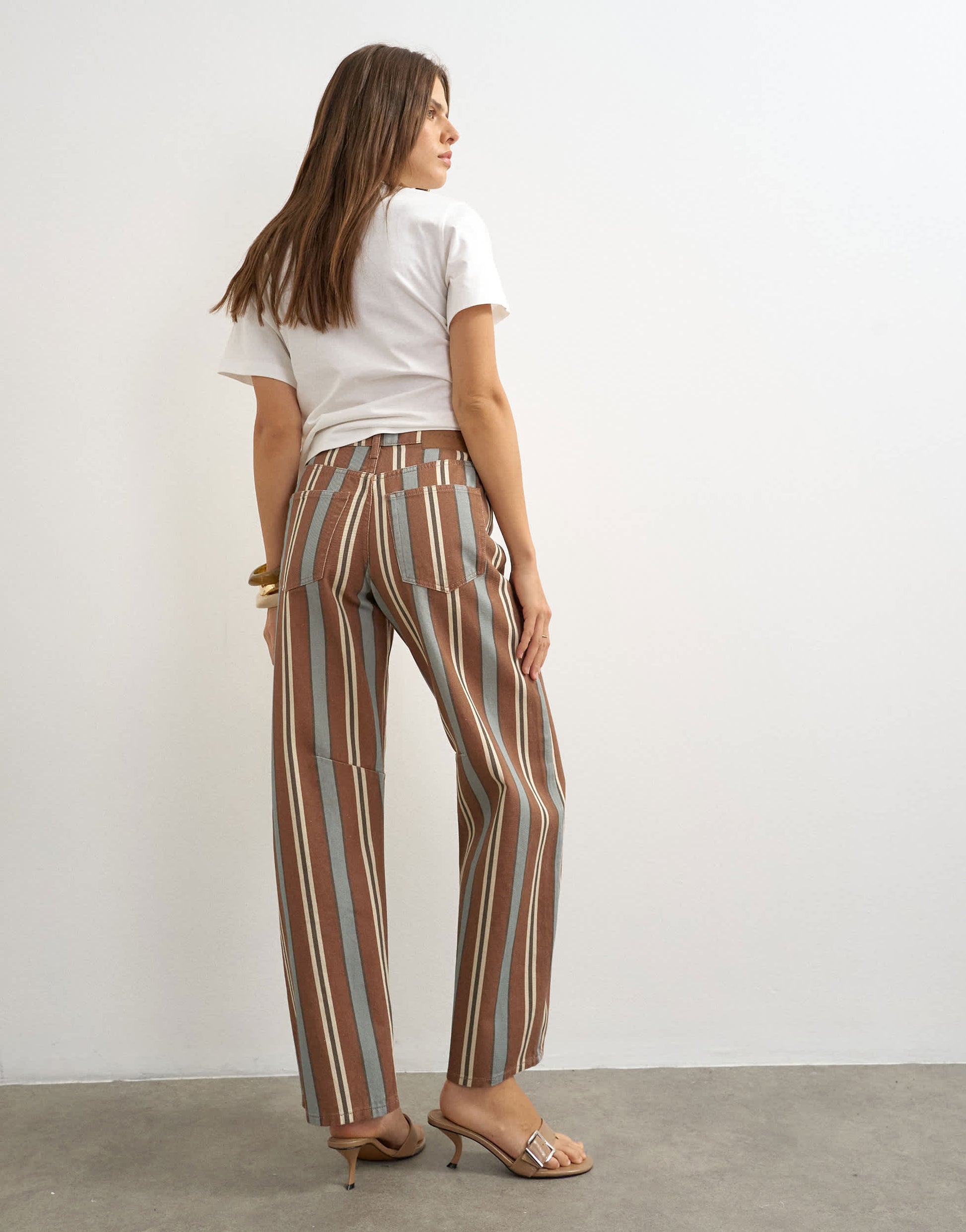 Topshop Barrel mid rise jean in brown and blue stripe