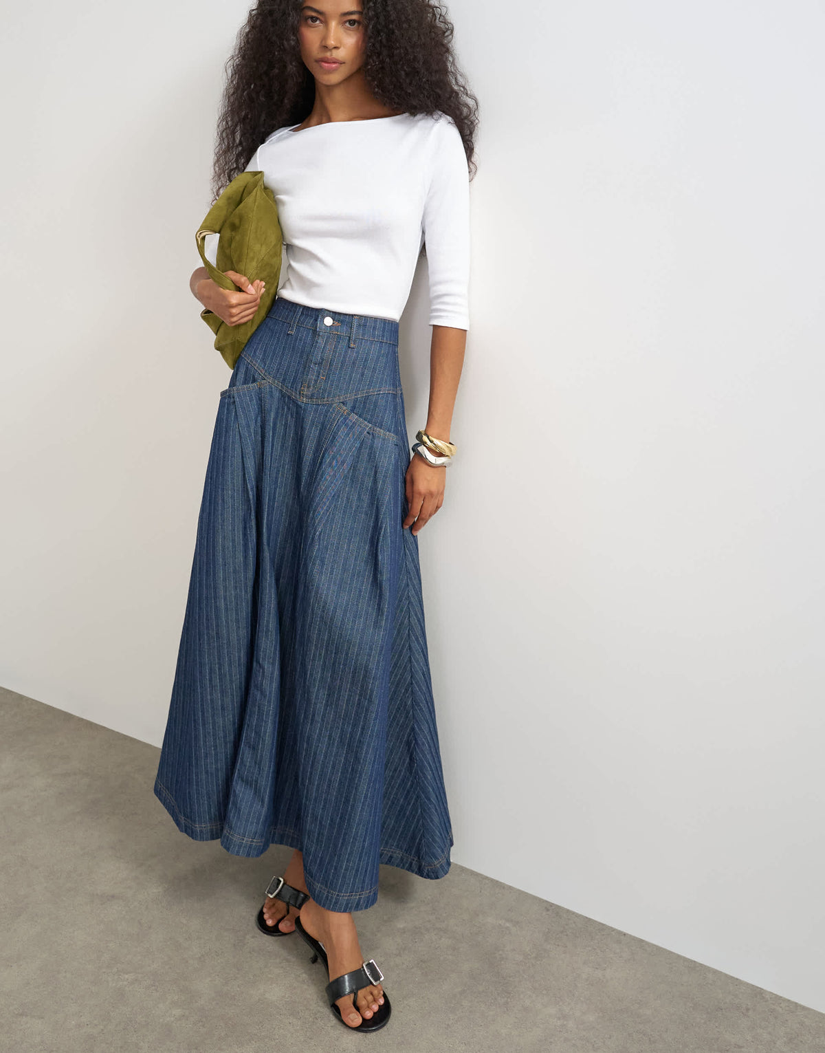Topshop yoke pleated maxi skirt in indigo stripe