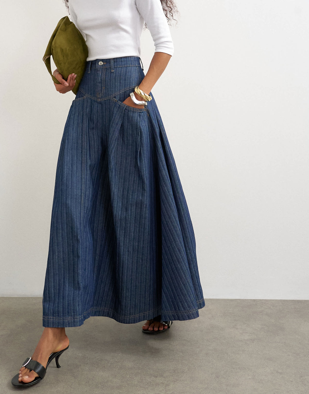 Topshop yoke pleated maxi skirt in indigo stripe