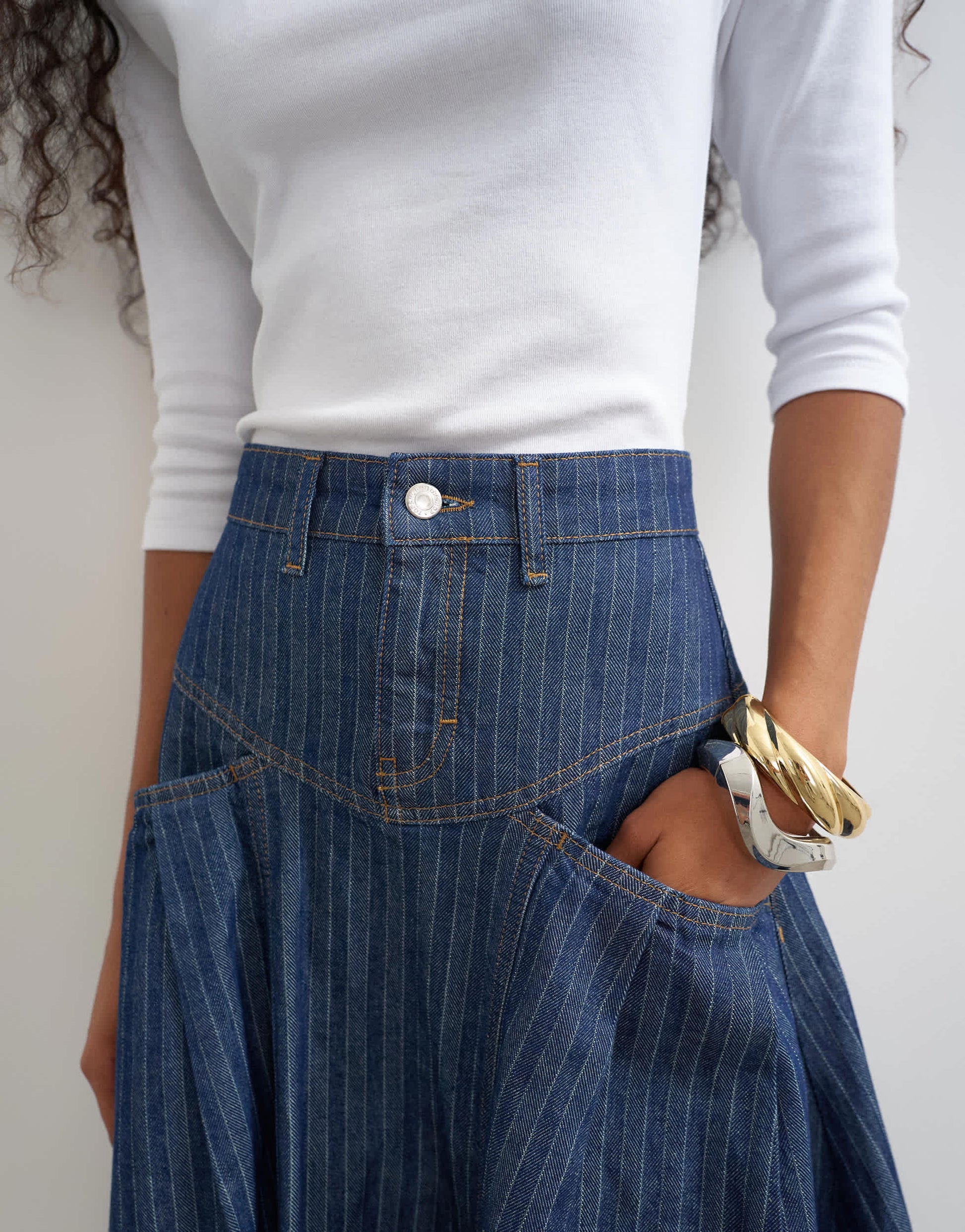 Topshop yoke pleated maxi skirt in indigo stripe