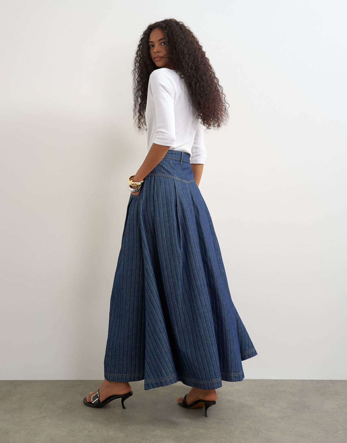 Topshop yoke pleated maxi skirt in indigo stripe