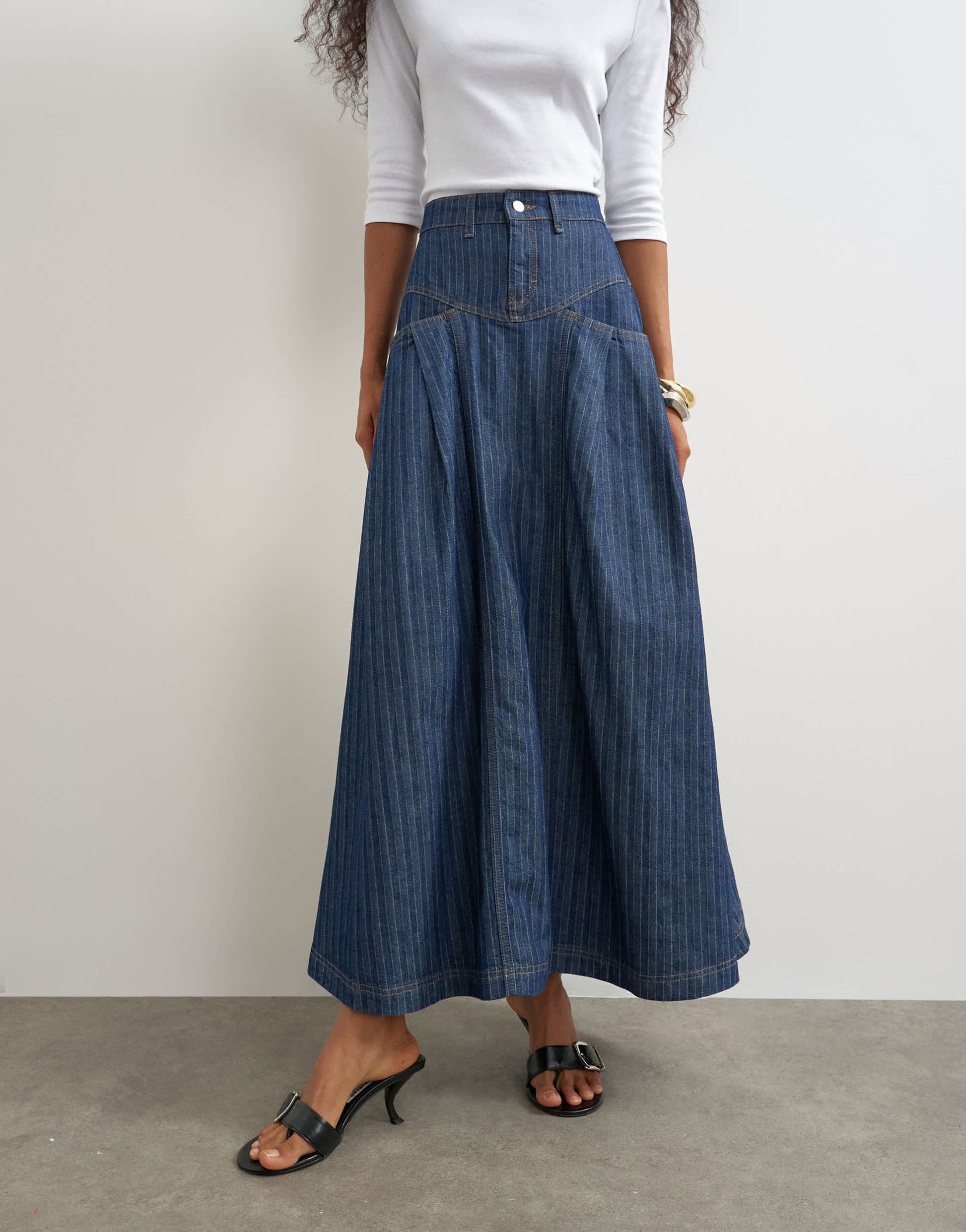 Topshop yoke pleated maxi skirt in indigo stripe