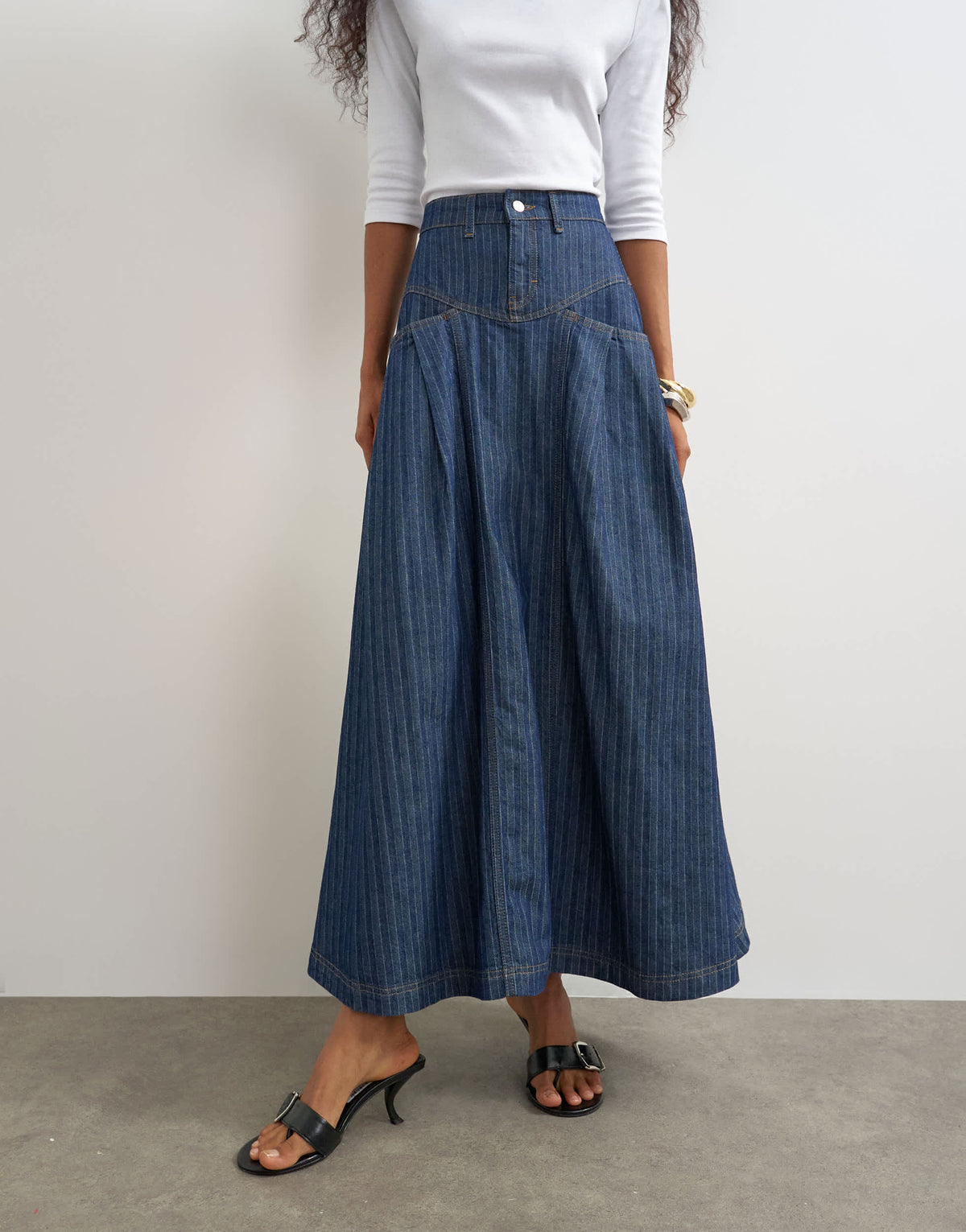 Topshop yoke pleated maxi skirt in indigo stripe