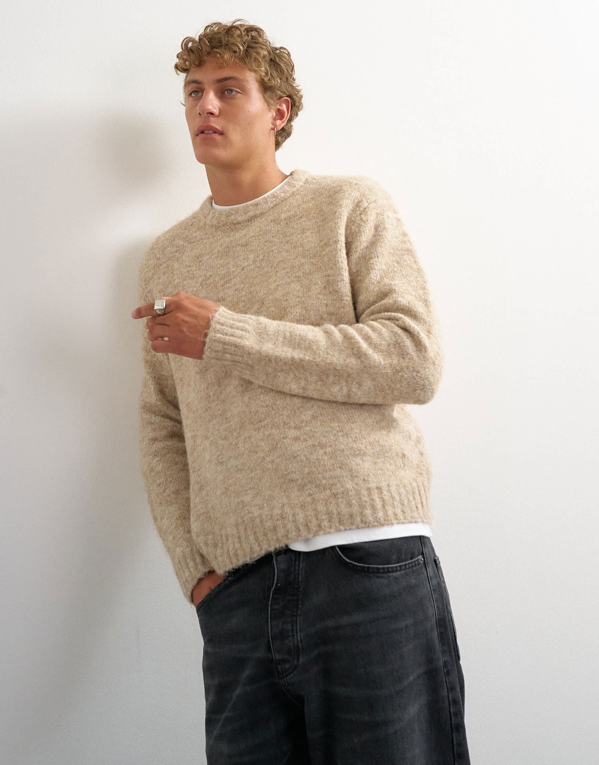 Topman relaxed fit loose knit jumper in stone