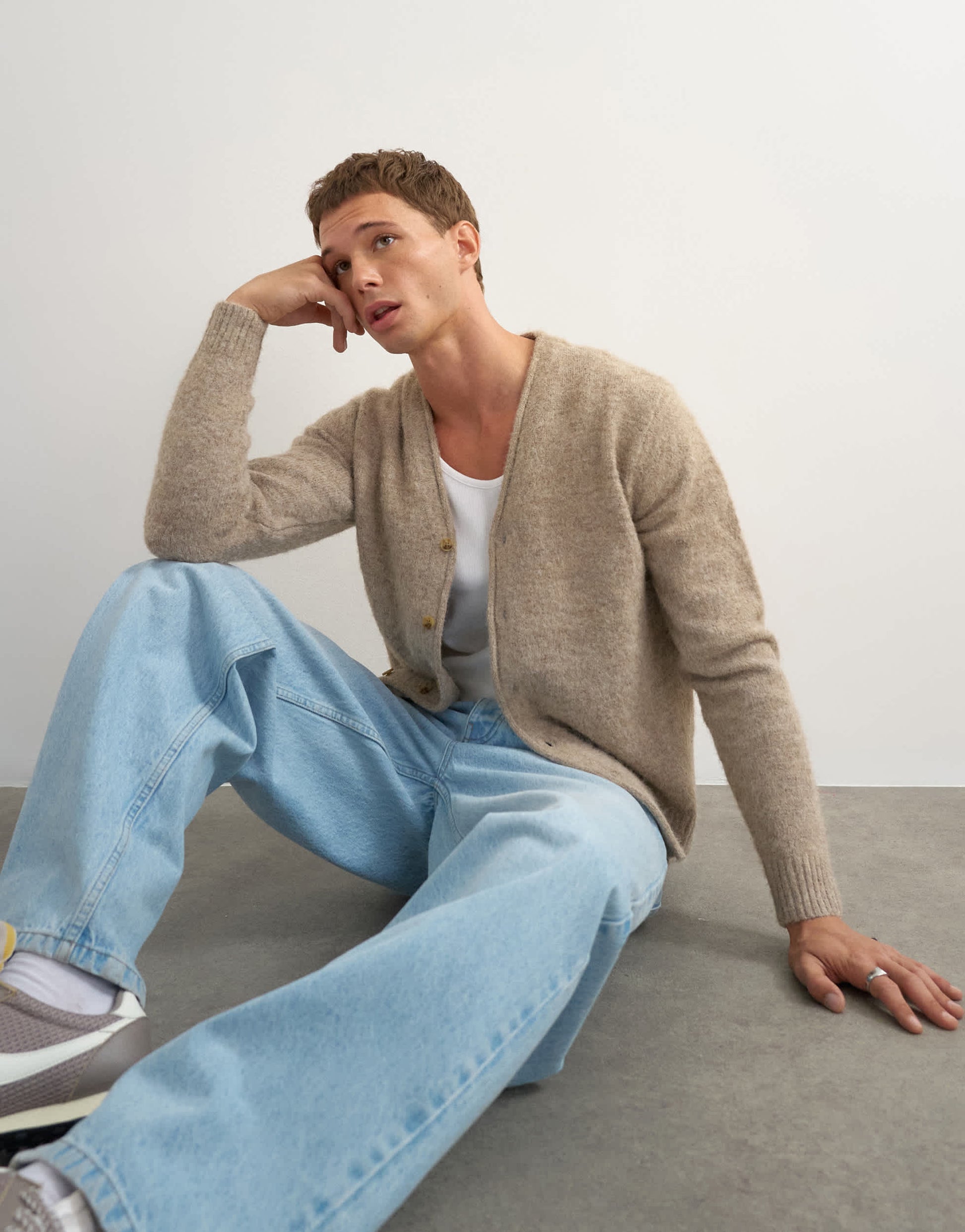 Topman classic fit brushed knitted cardigan in oatmeal