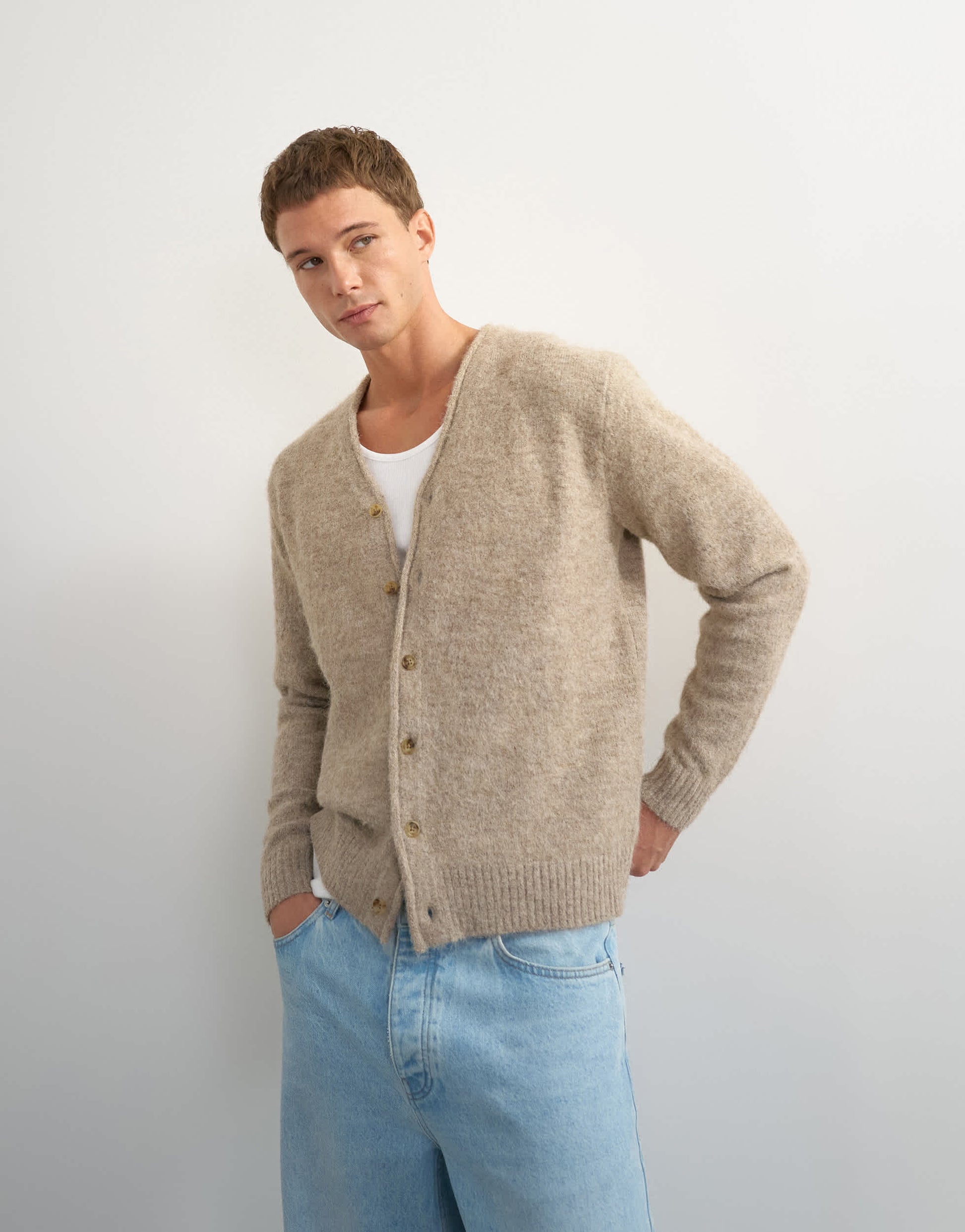 Topman classic fit brushed knitted cardigan in oatmeal
