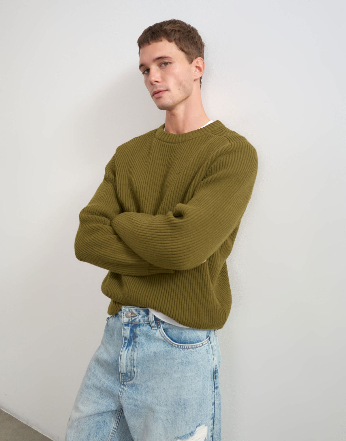 Topman fisherman rib knitted jumper in khaki