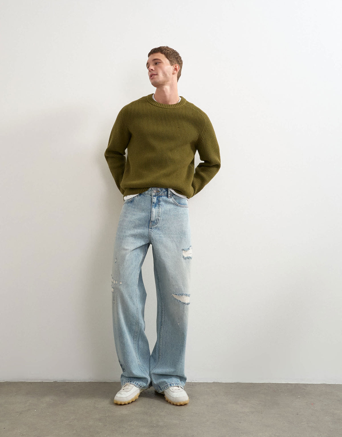 Topman fisherman rib knitted jumper in khaki