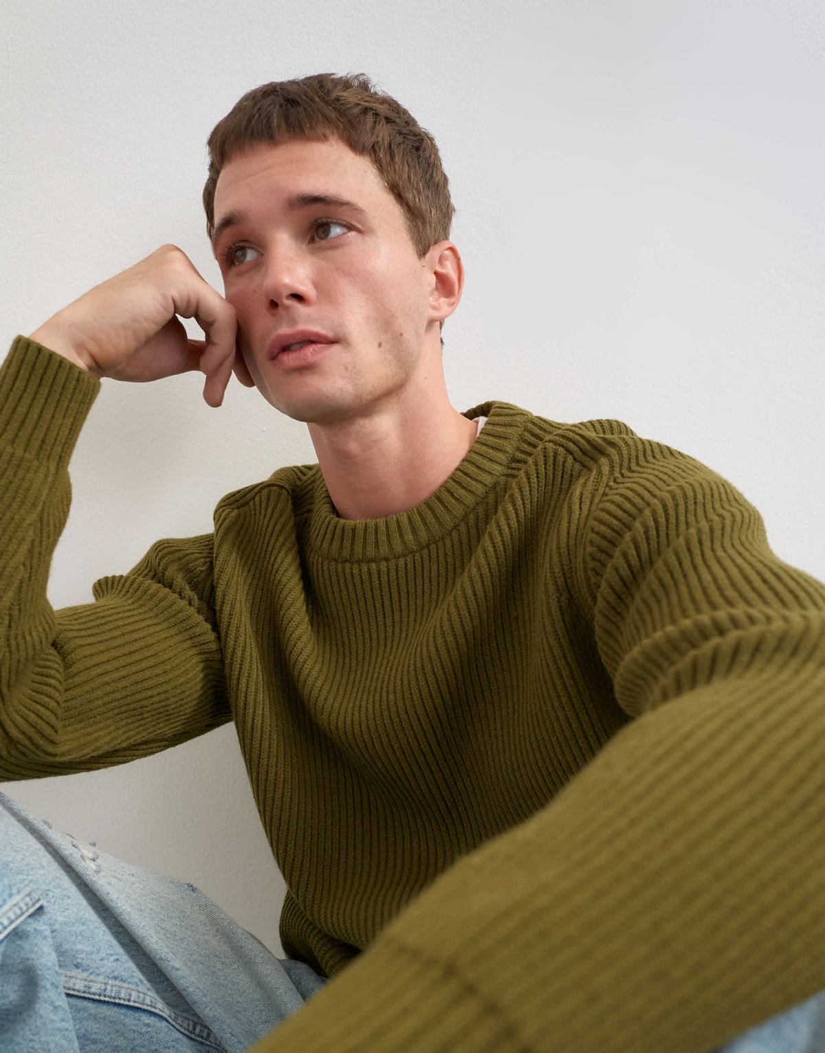 Topman fisherman rib knitted jumper in khaki