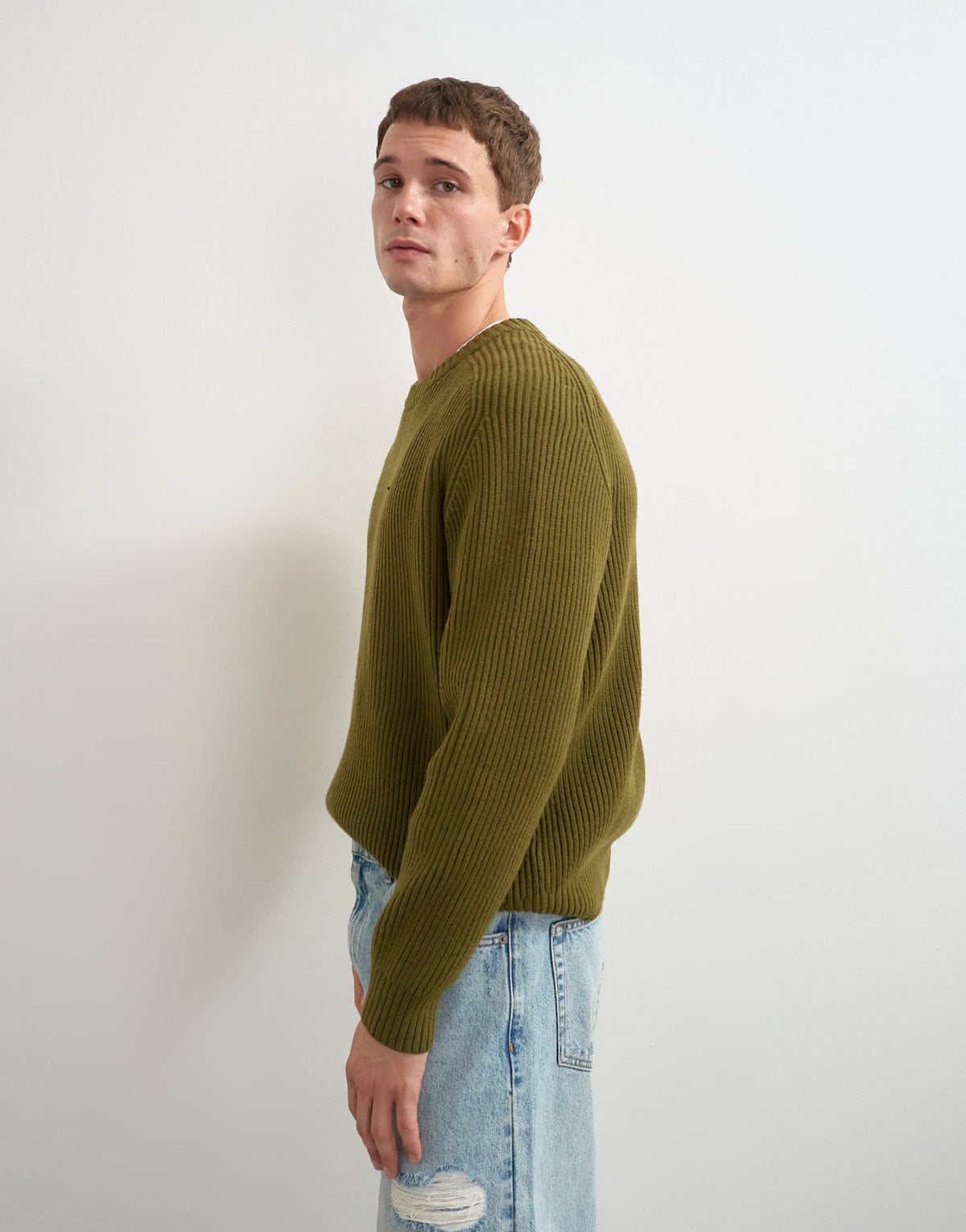 Topman fisherman rib knitted jumper in khaki