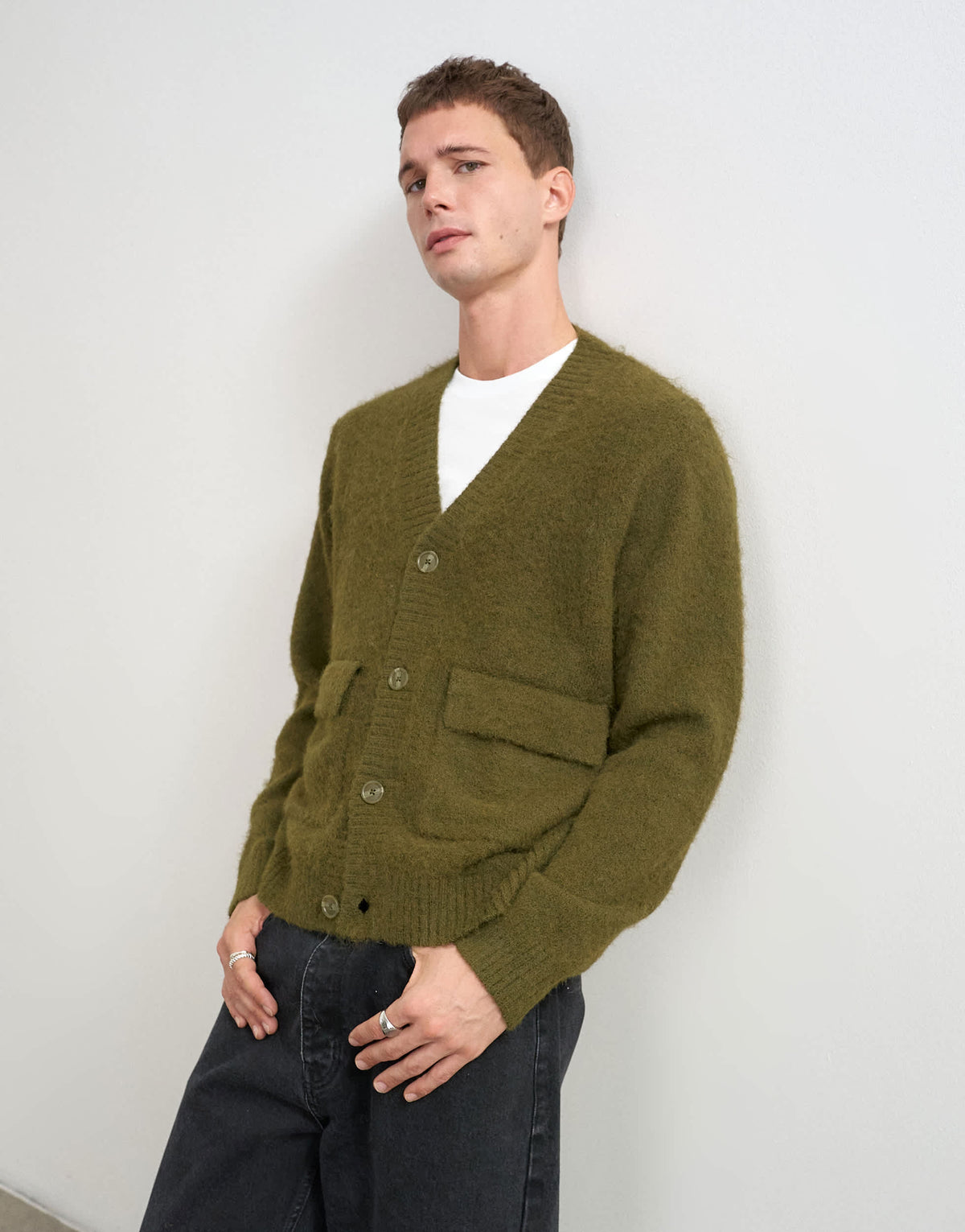 Topman relaxed fit fluffy double pocket knitted cardigan in khaki