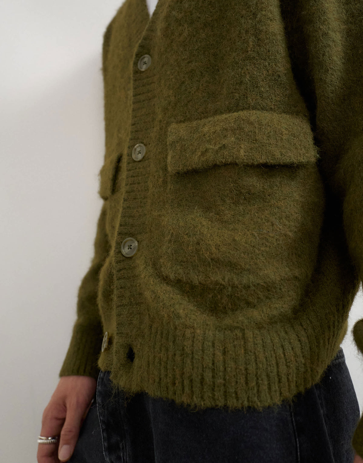 Topman relaxed fit fluffy double pocket knitted cardigan in khaki