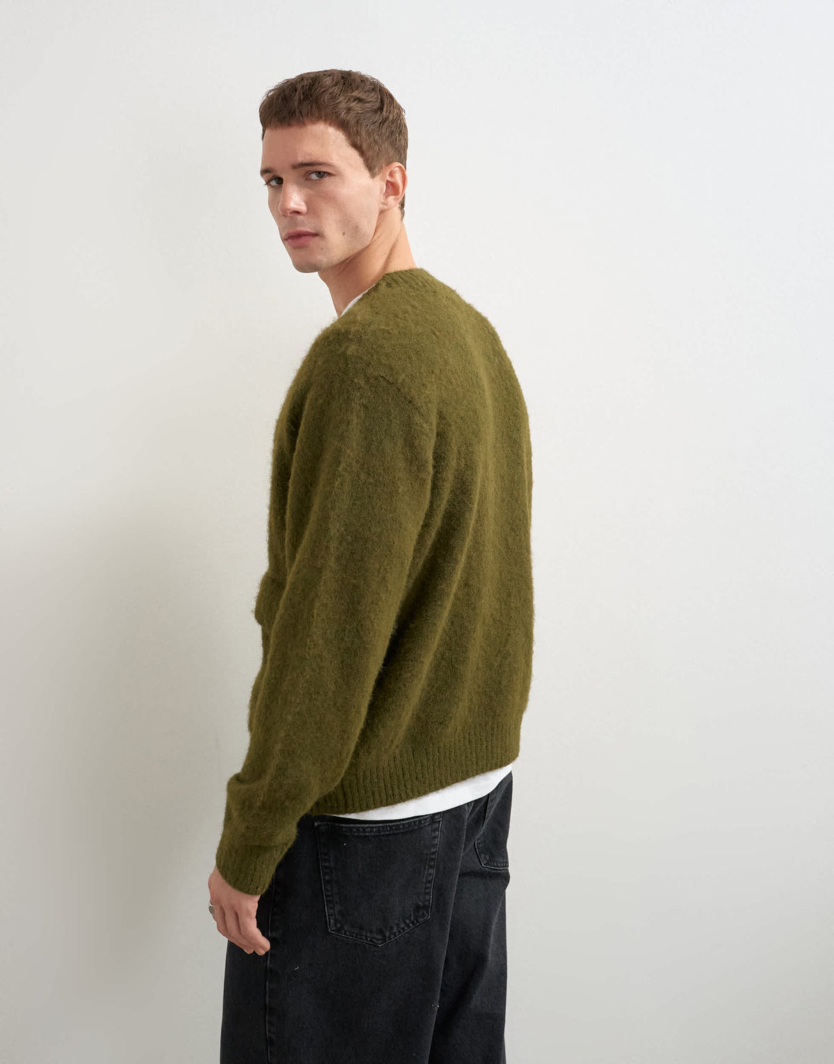 Topman relaxed fit fluffy double pocket knitted cardigan in khaki