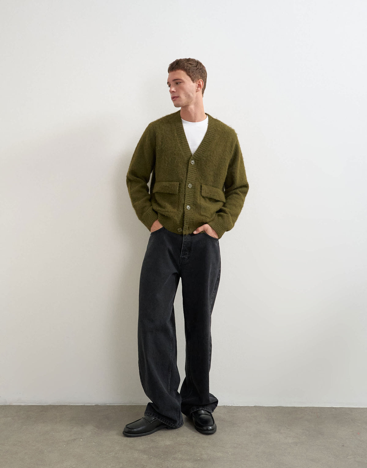 Topman relaxed fit fluffy double pocket knitted cardigan in khaki