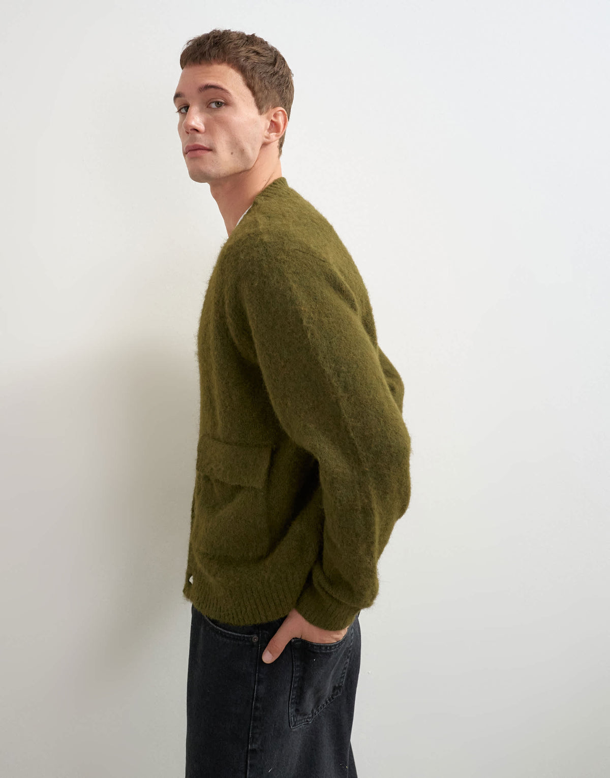 Topman relaxed fit fluffy double pocket knitted cardigan in khaki