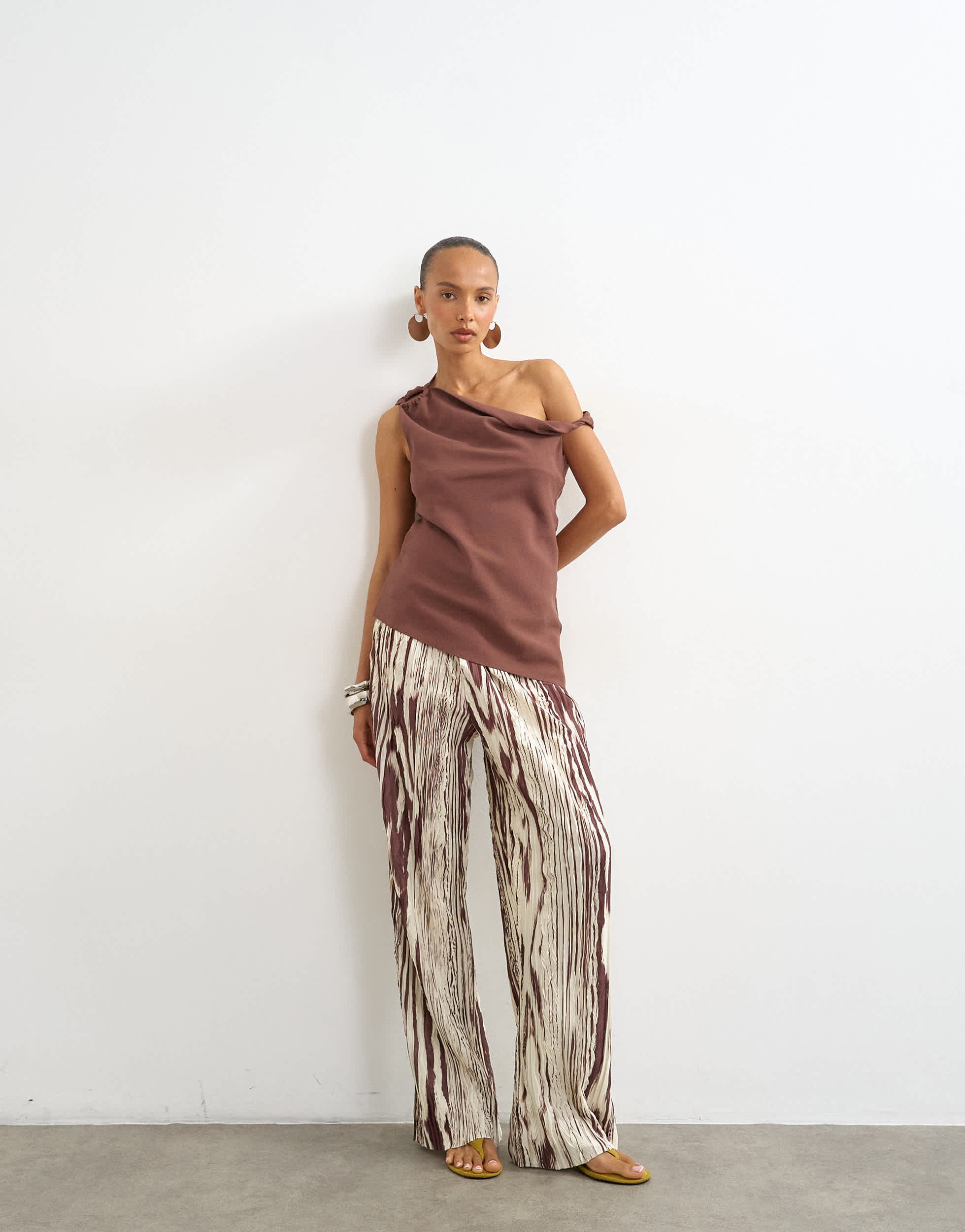 Topshop animal crinkle wide leg trouser in brown