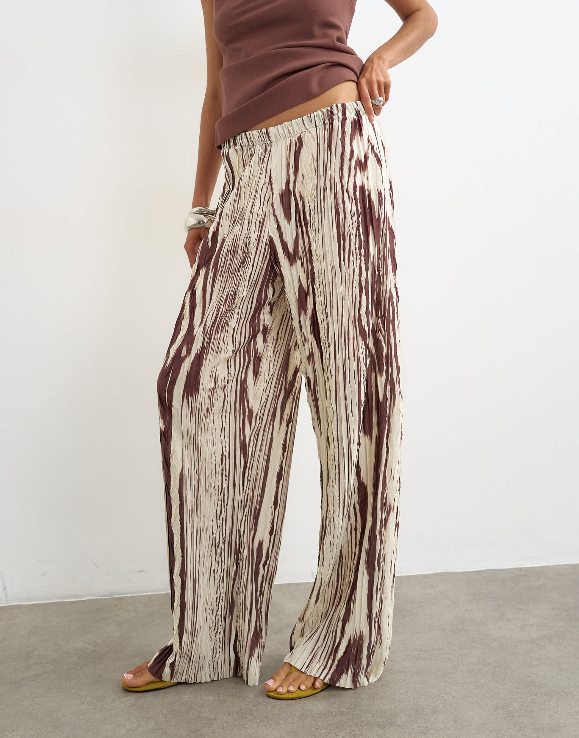 Topshop animal crinkle wide leg trouser in brown