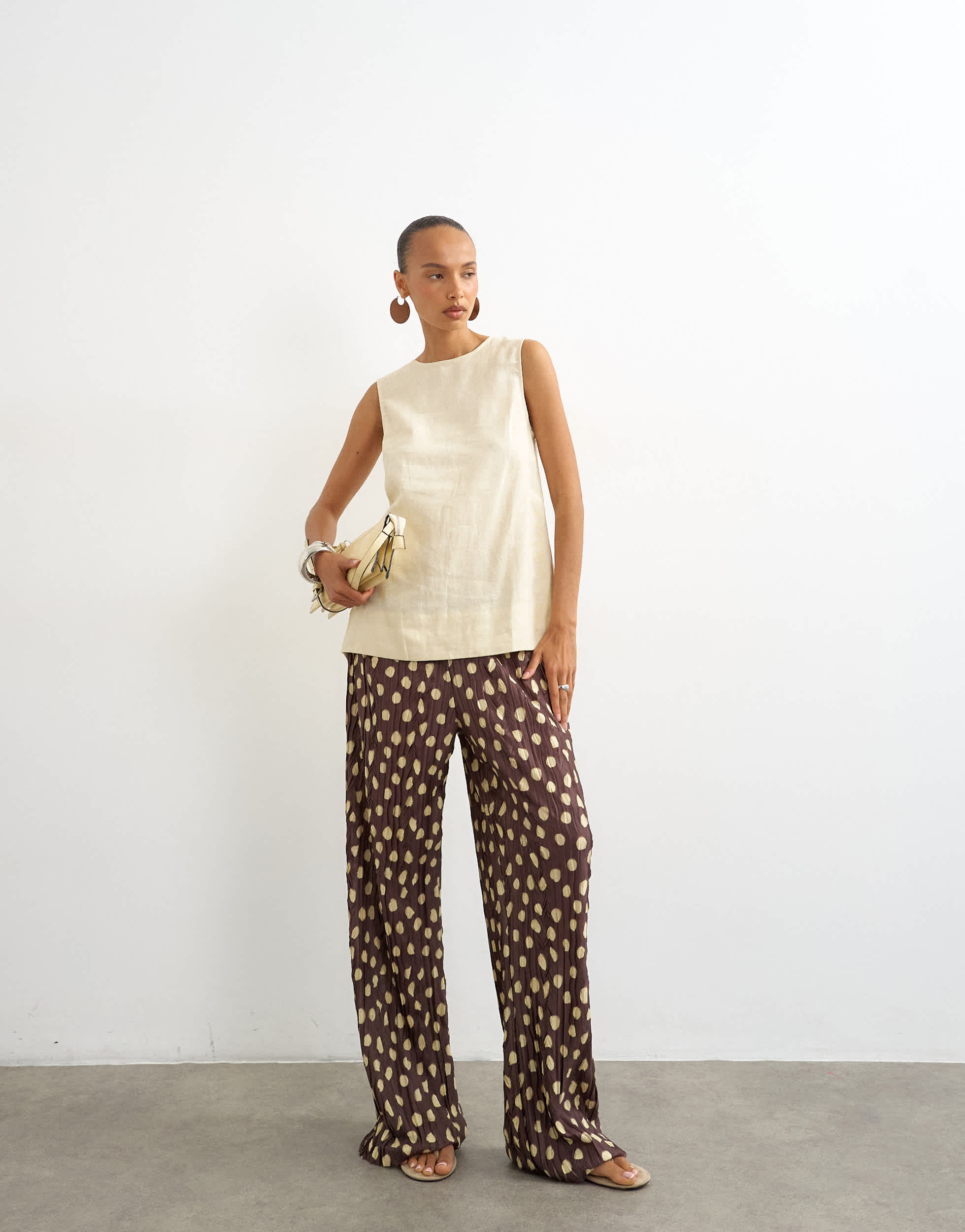 Topshop spot plisse wide leg trouser in brown
