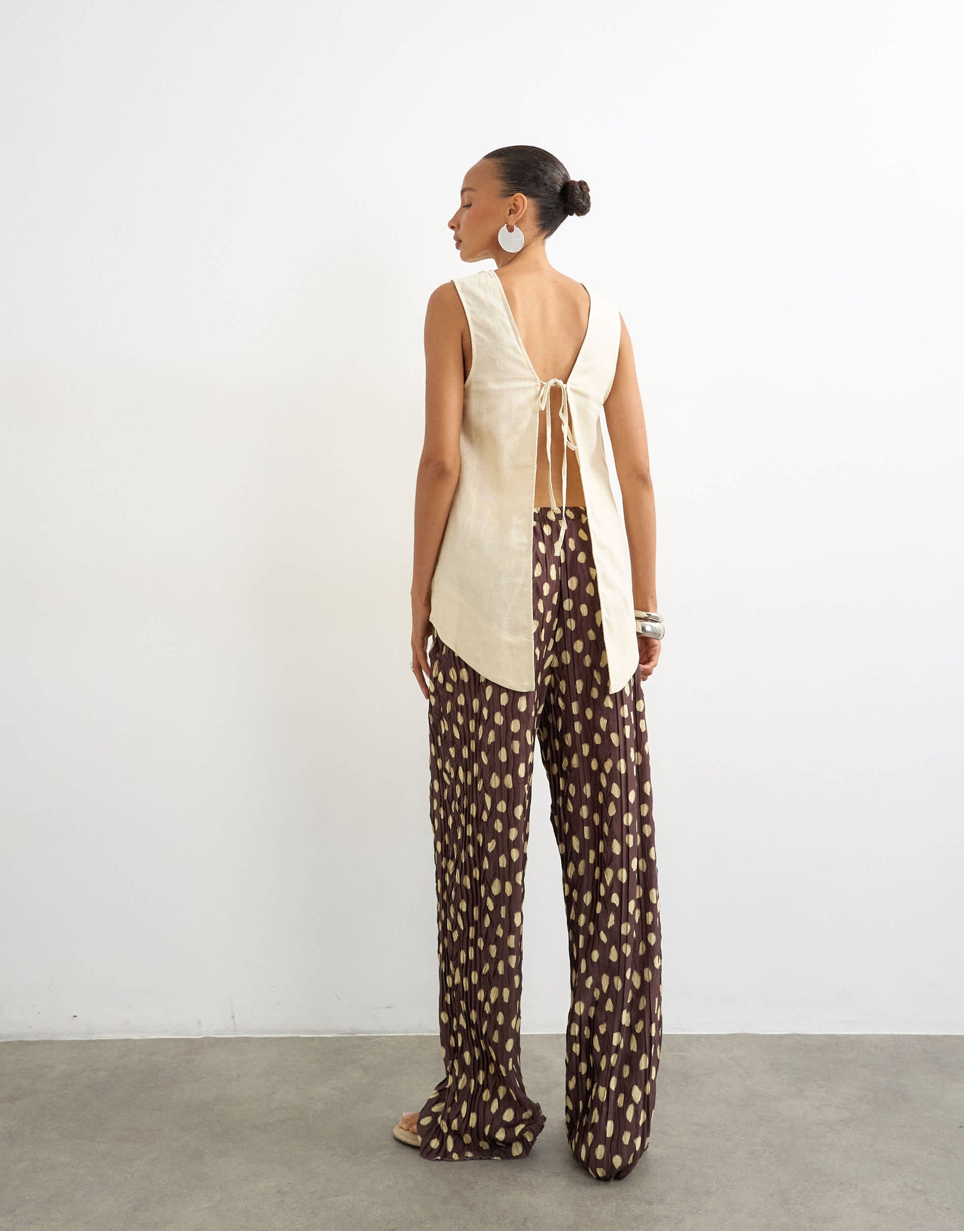 Topshop spot plisse wide leg trouser in brown