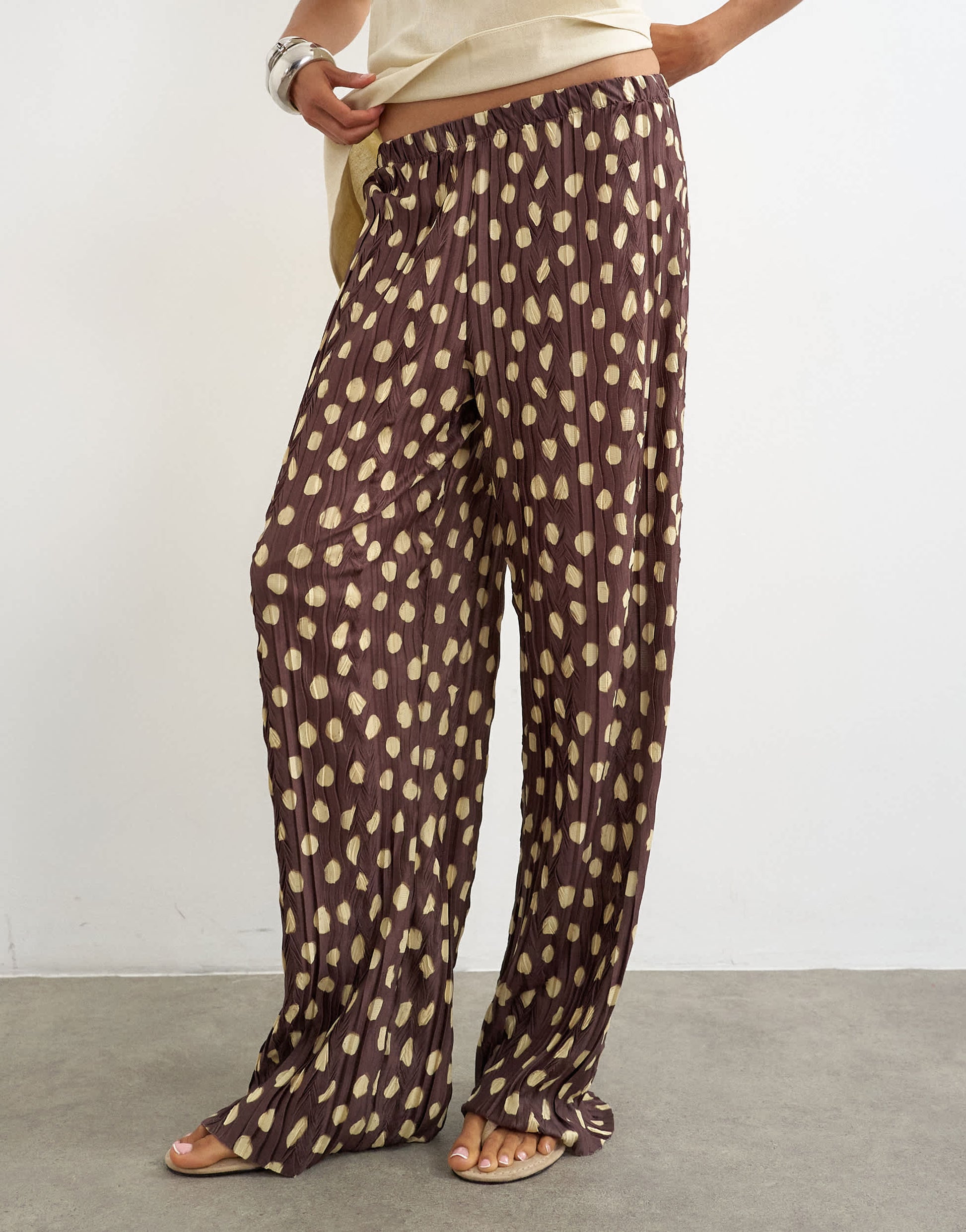 Topshop spot plisse wide leg trouser in brown