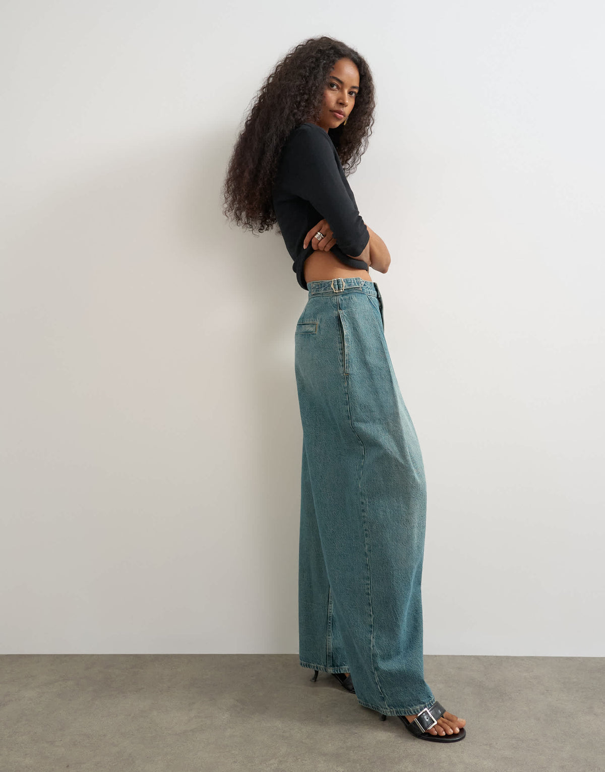 Topshop side buckle wide leg jean in green cast