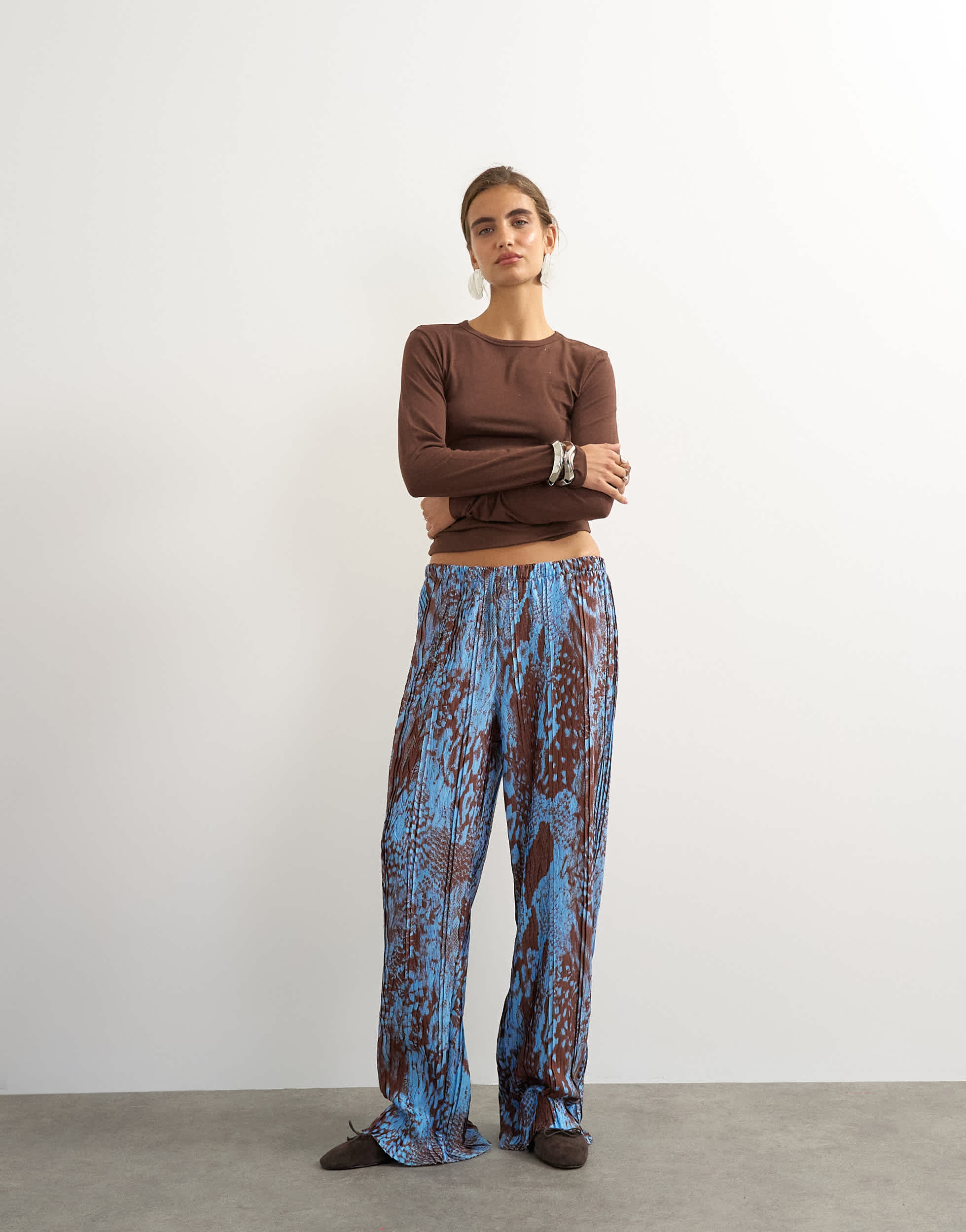 Topshop abstract plisse wide leg trouser in blue