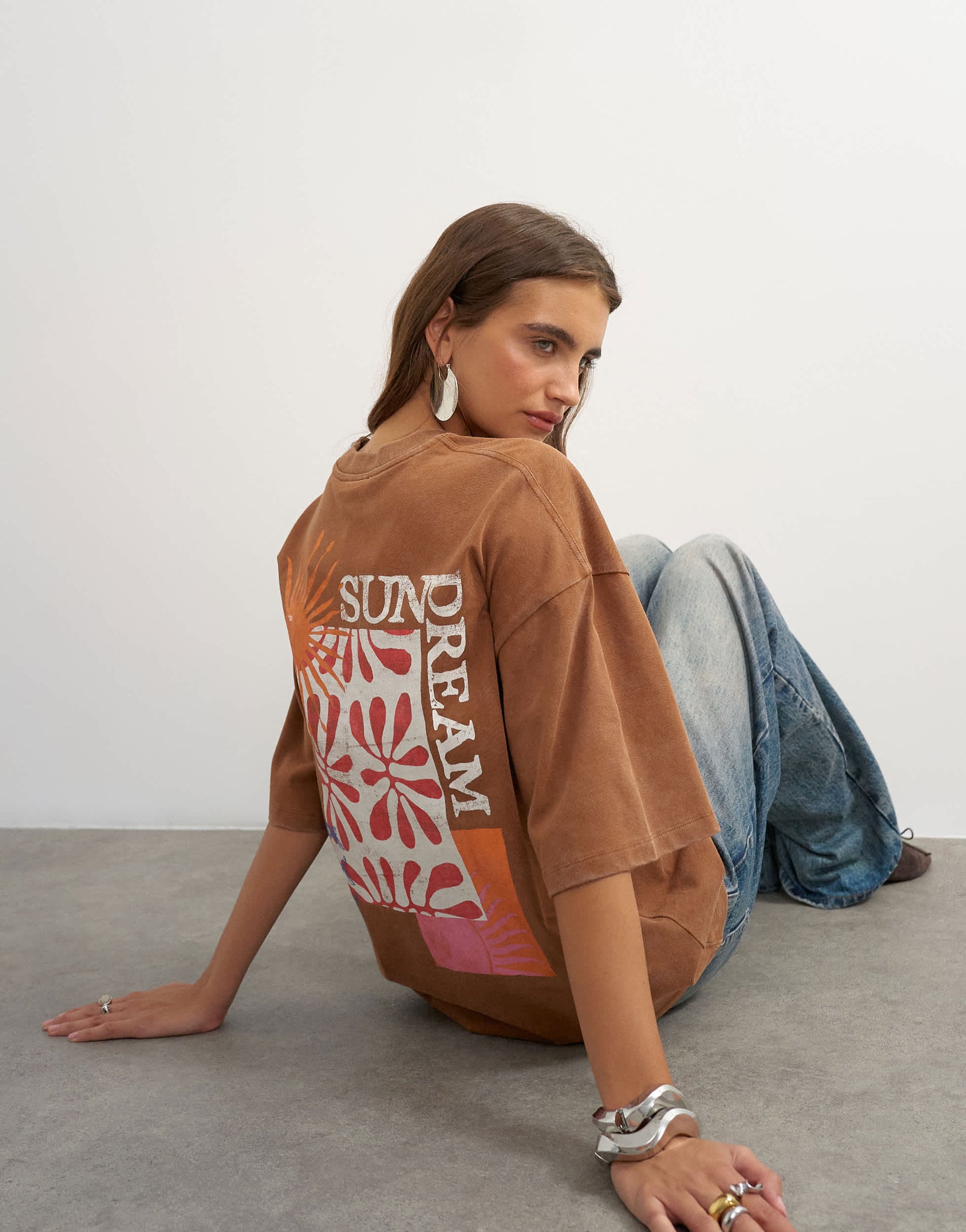 Topshop 'Sundream' graphic embroidered detail oversized t-shirt in brown