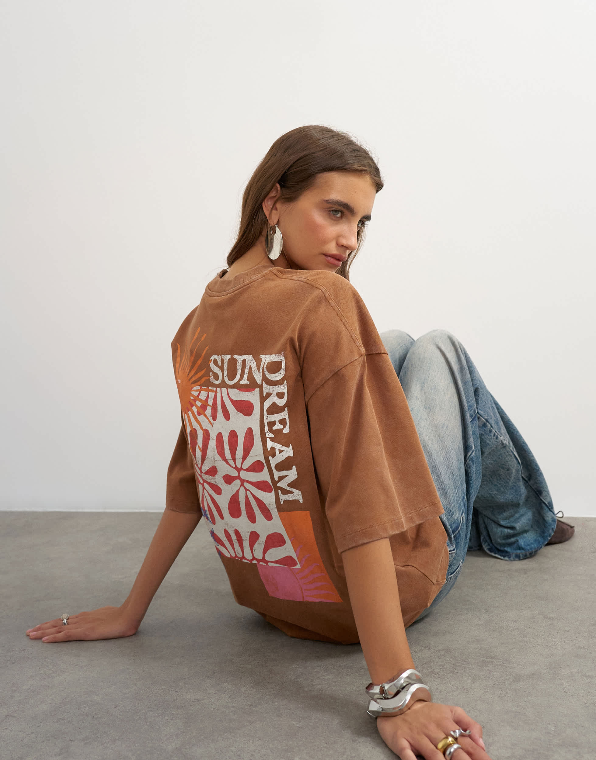 Topshop 'Sundream' graphic embroidered detail oversized t-shirt in brown