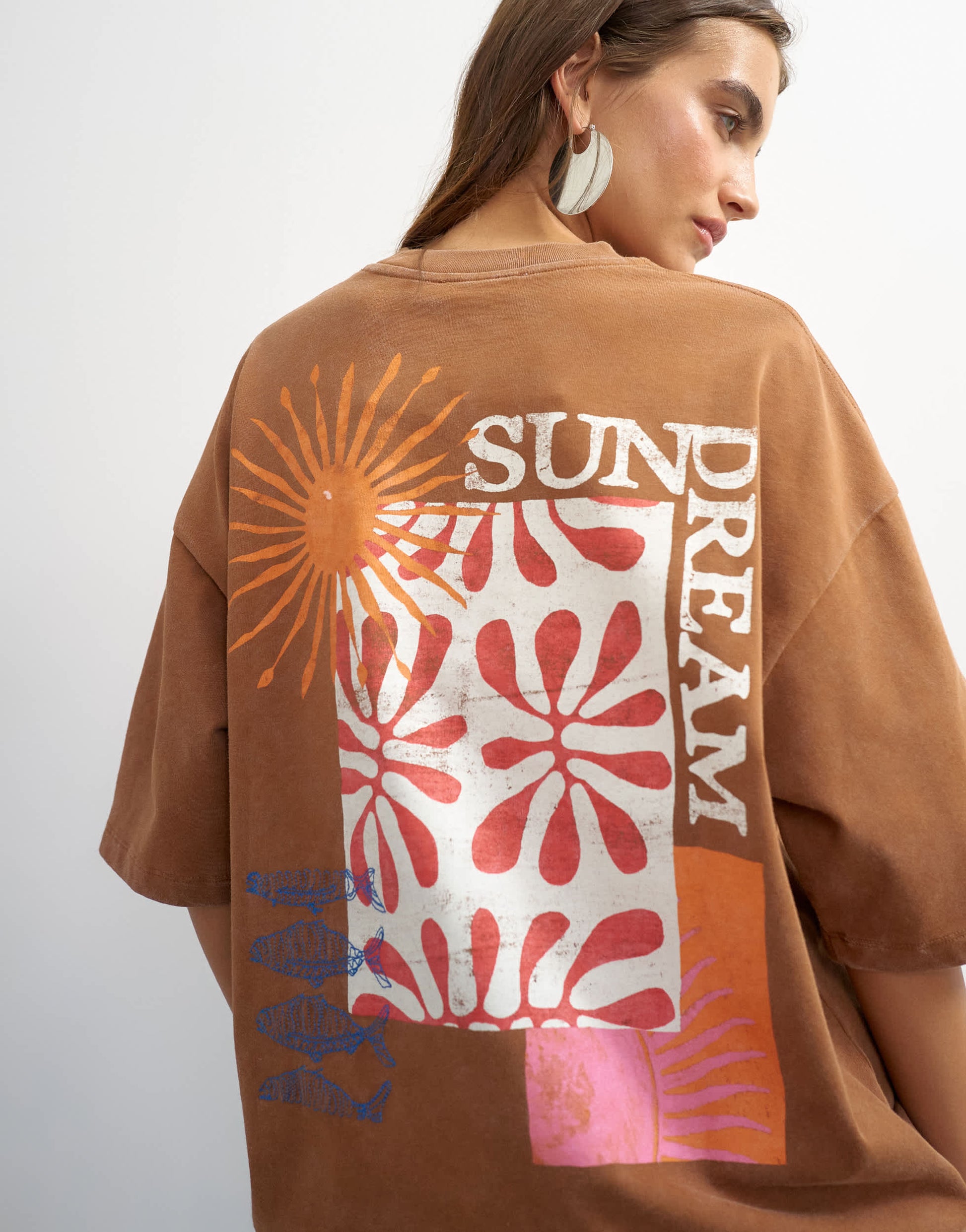 Topshop 'Sundream' graphic embroidered detail oversized t-shirt in brown