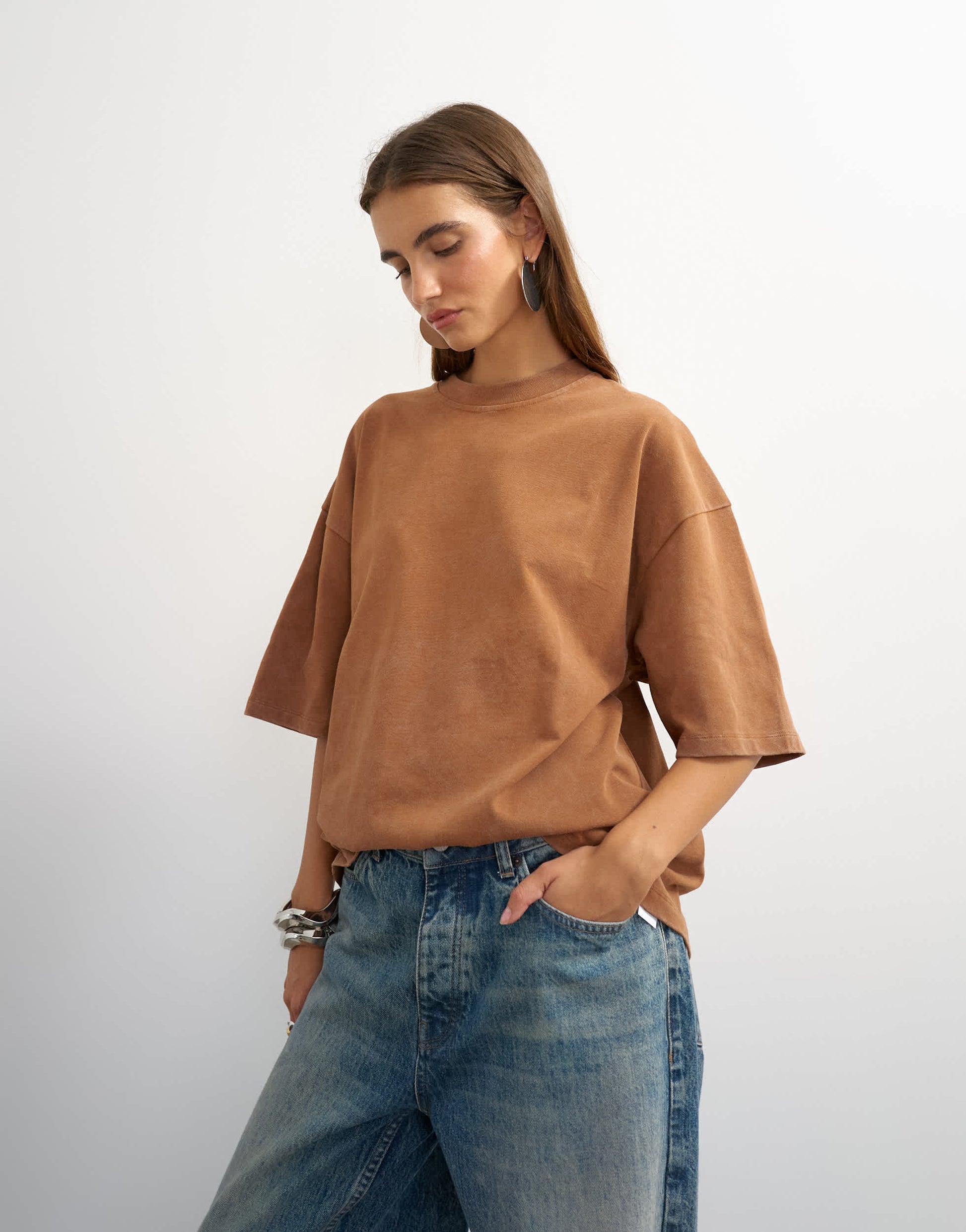 Topshop 'Sundream' graphic embroidered detail oversized t-shirt in brown