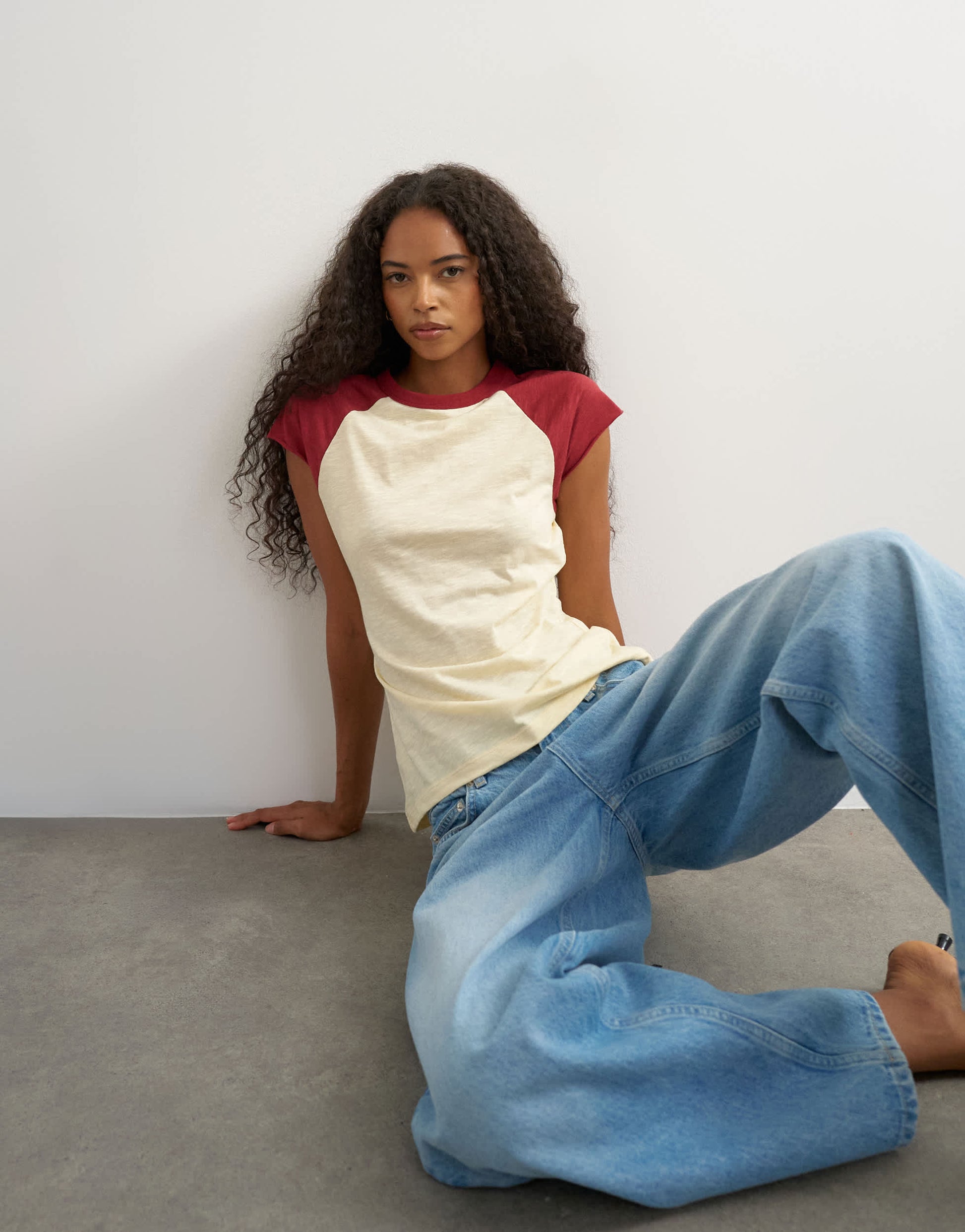 Topshop colour block raglan t-shirt in burgundy